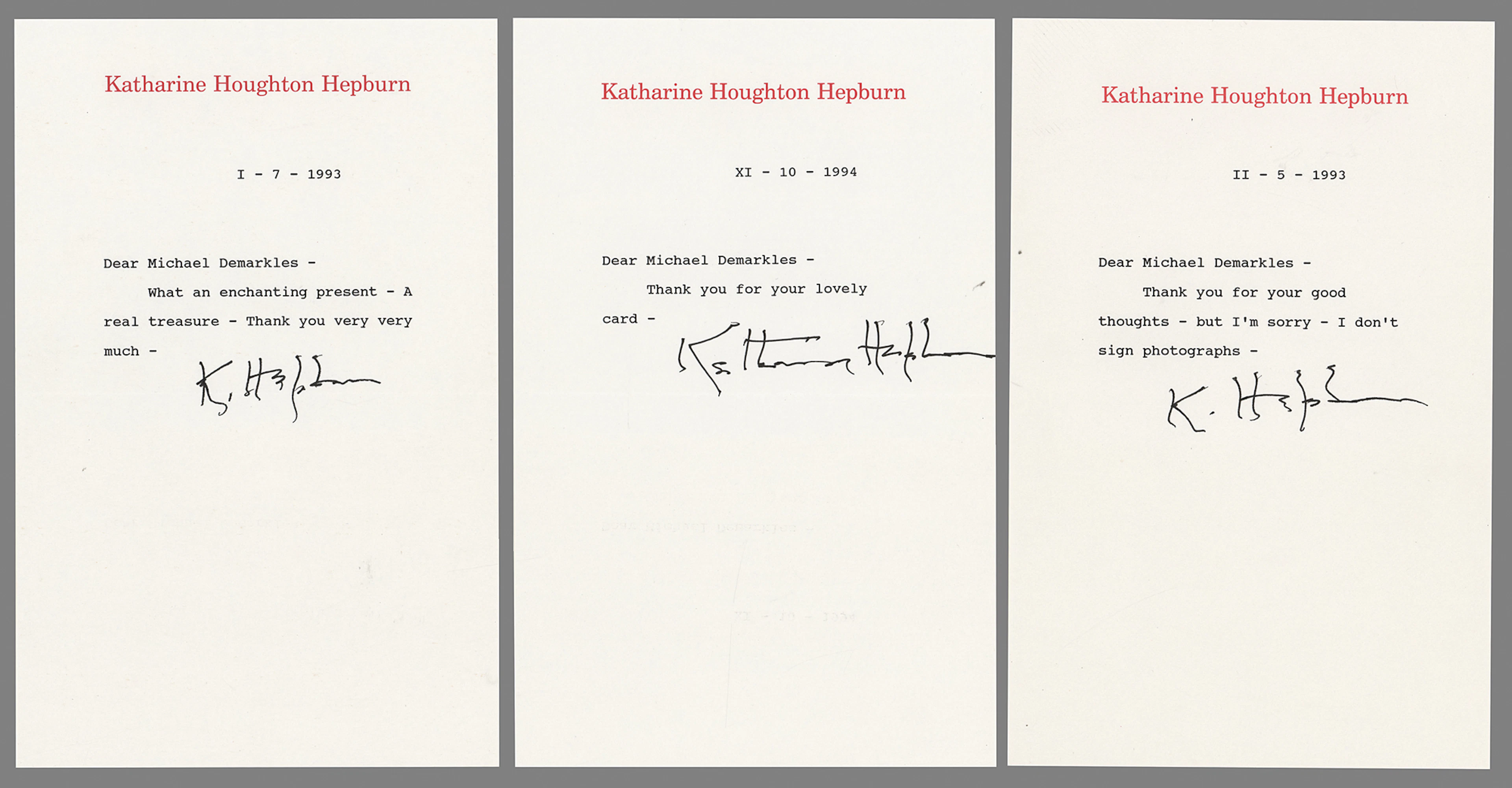 Katharine Hepburn (3) Typed Letters Signed