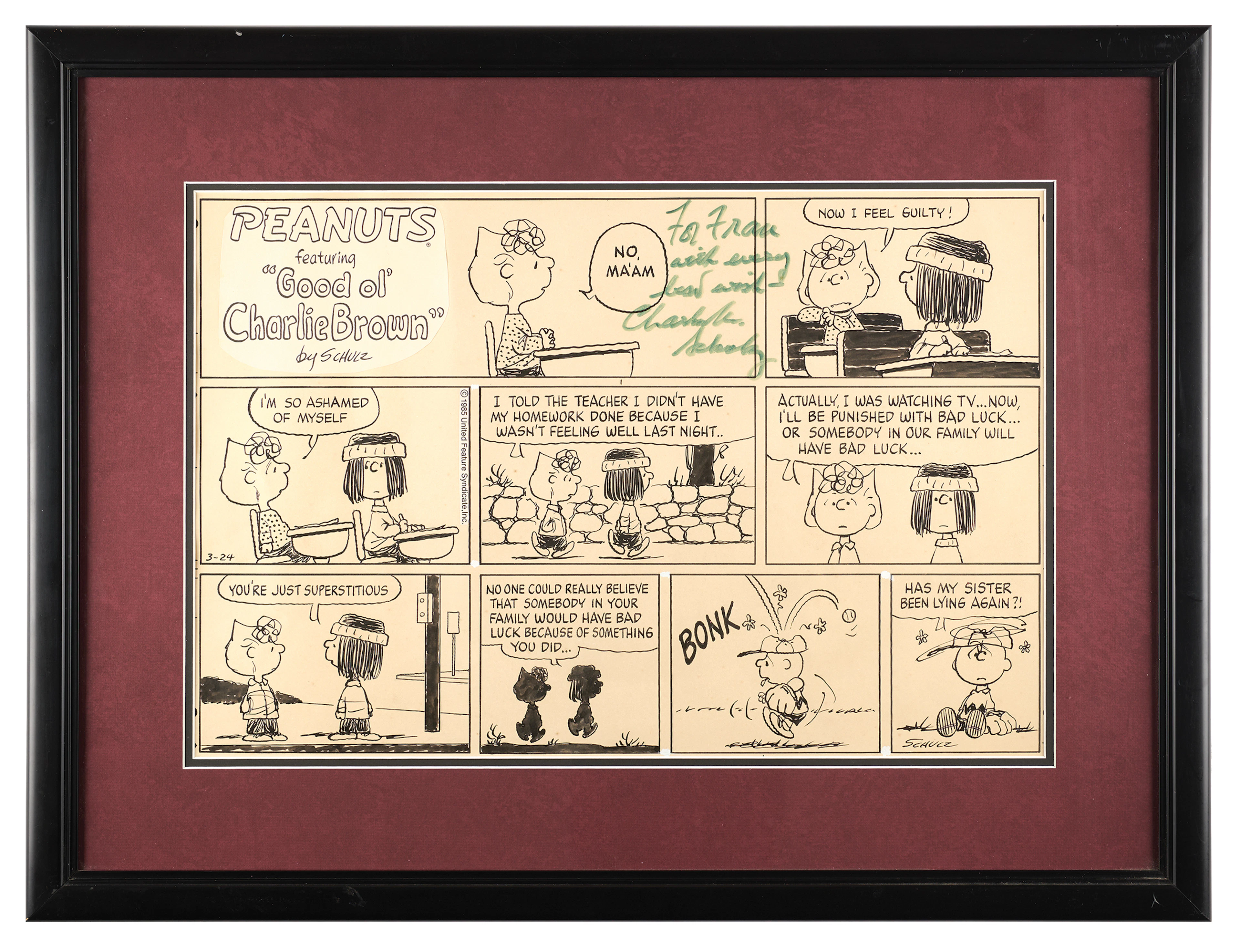 Charles Schulz Signed Original Hand-Drawn Peanuts Sunday Comic Strip