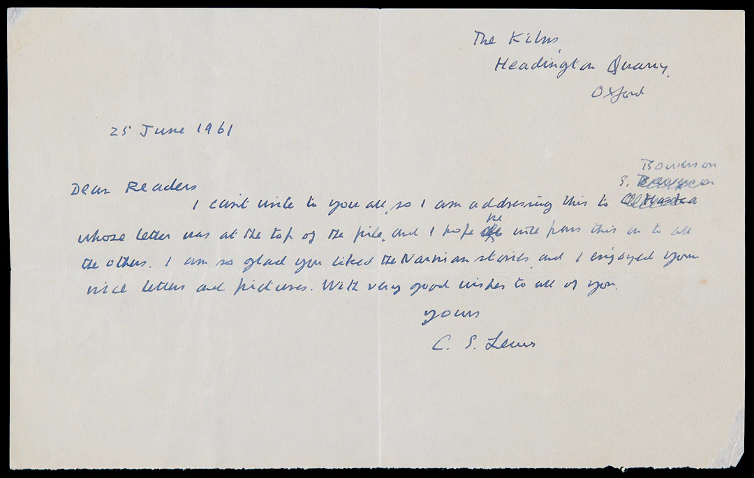 C. S. Lewis Autograph Letter Signed on "the Narnian stories"
