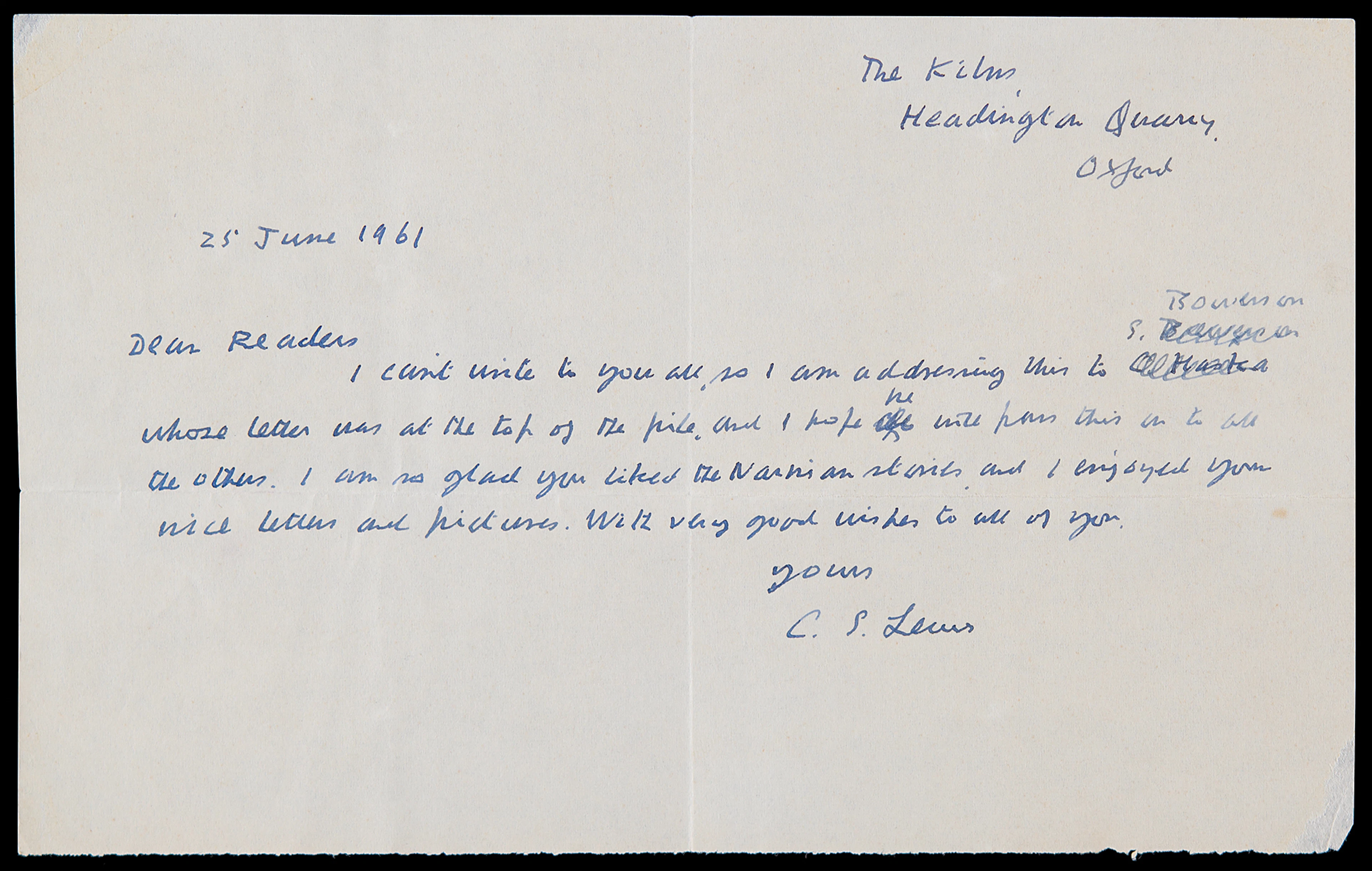 C. S. Lewis Autograph Letter Signed on "the Narnian stories"