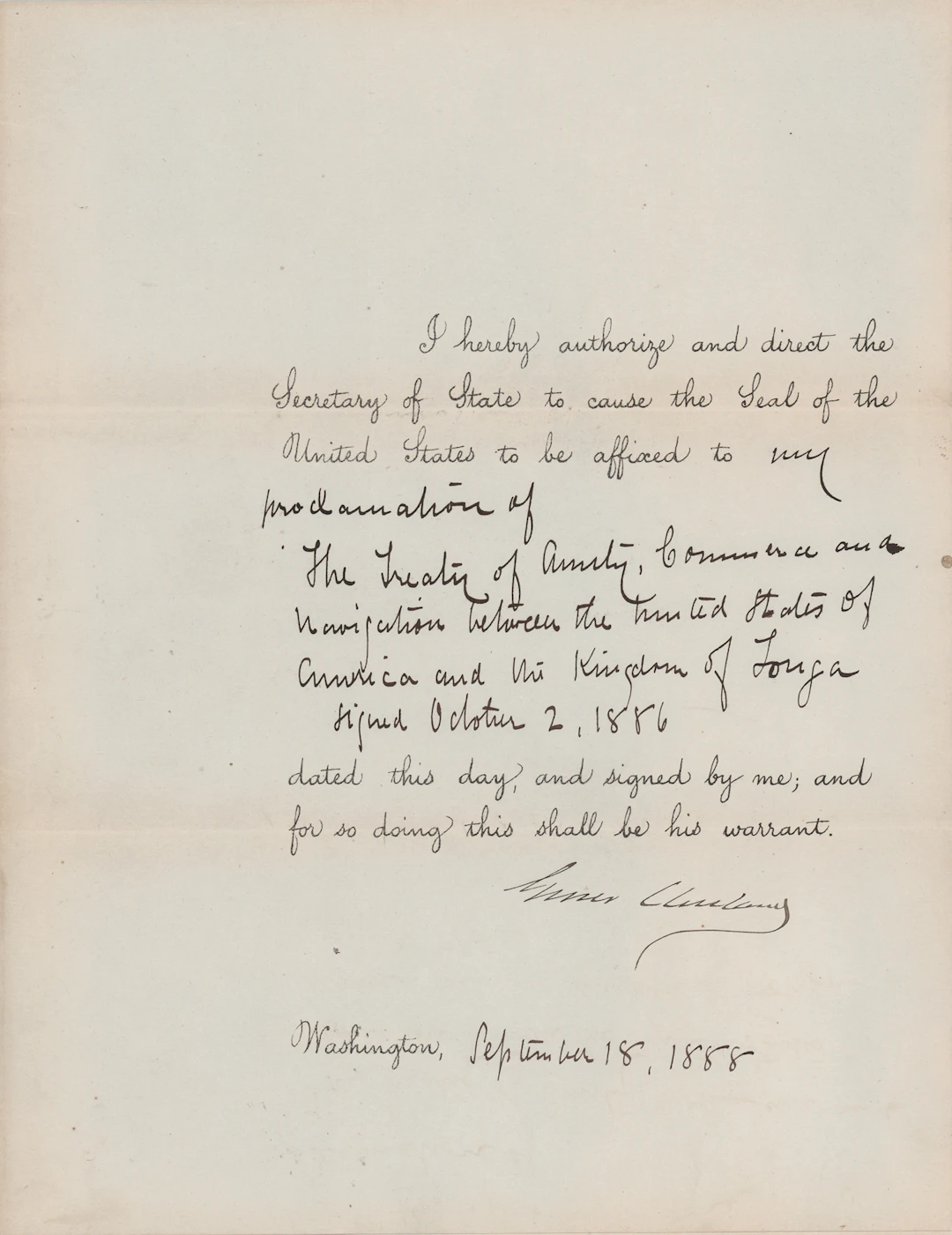Grover Cleveland Document Signed as President, Proclaiming a Treaty with Tonga