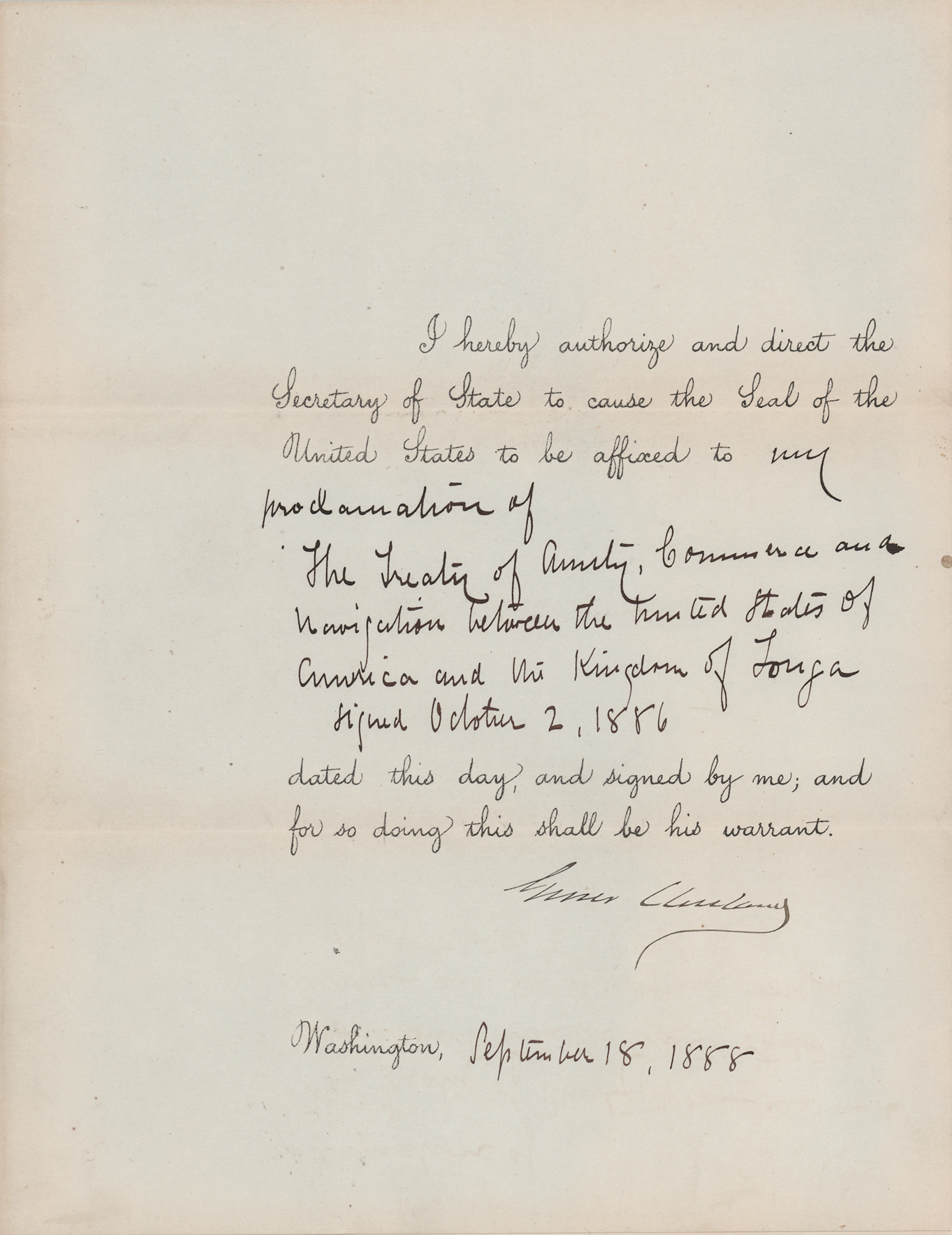 Grover Cleveland Document Signed as President, Proclaiming a Treaty with Tonga