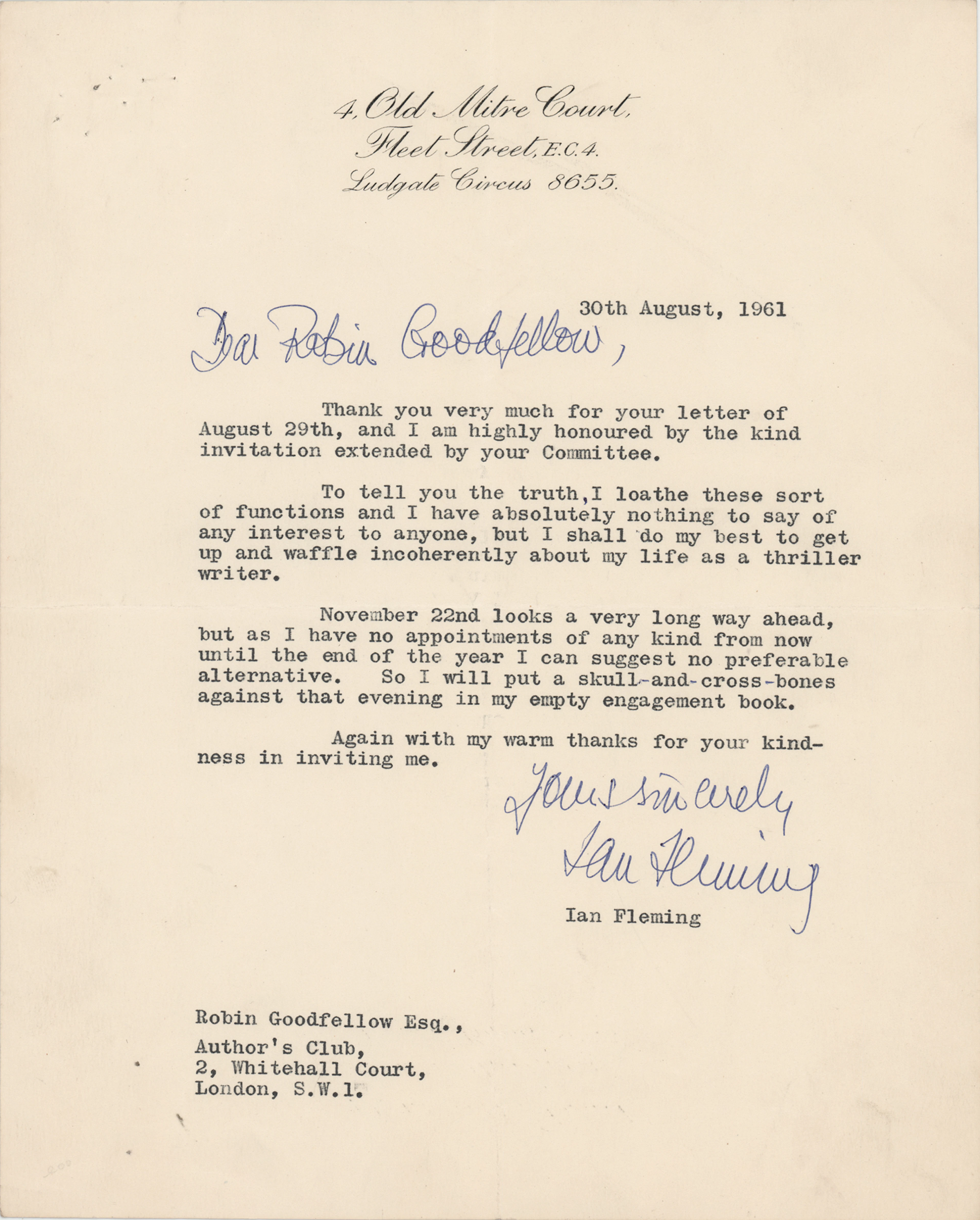 Ian Fleming Typed Letter Signed, Preparing to Speak "about my life