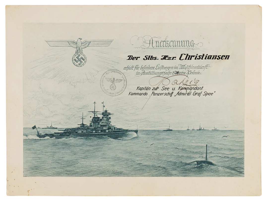 Conrad Patzig Signed Admiral Graf Spee Commendation Certificate (1939)