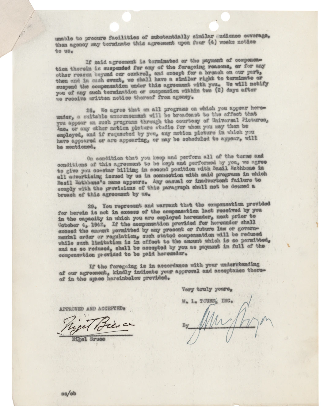 Nigel Bruce Document Signed for a Radio Role as Sherlock Holmes's Dr. Watson