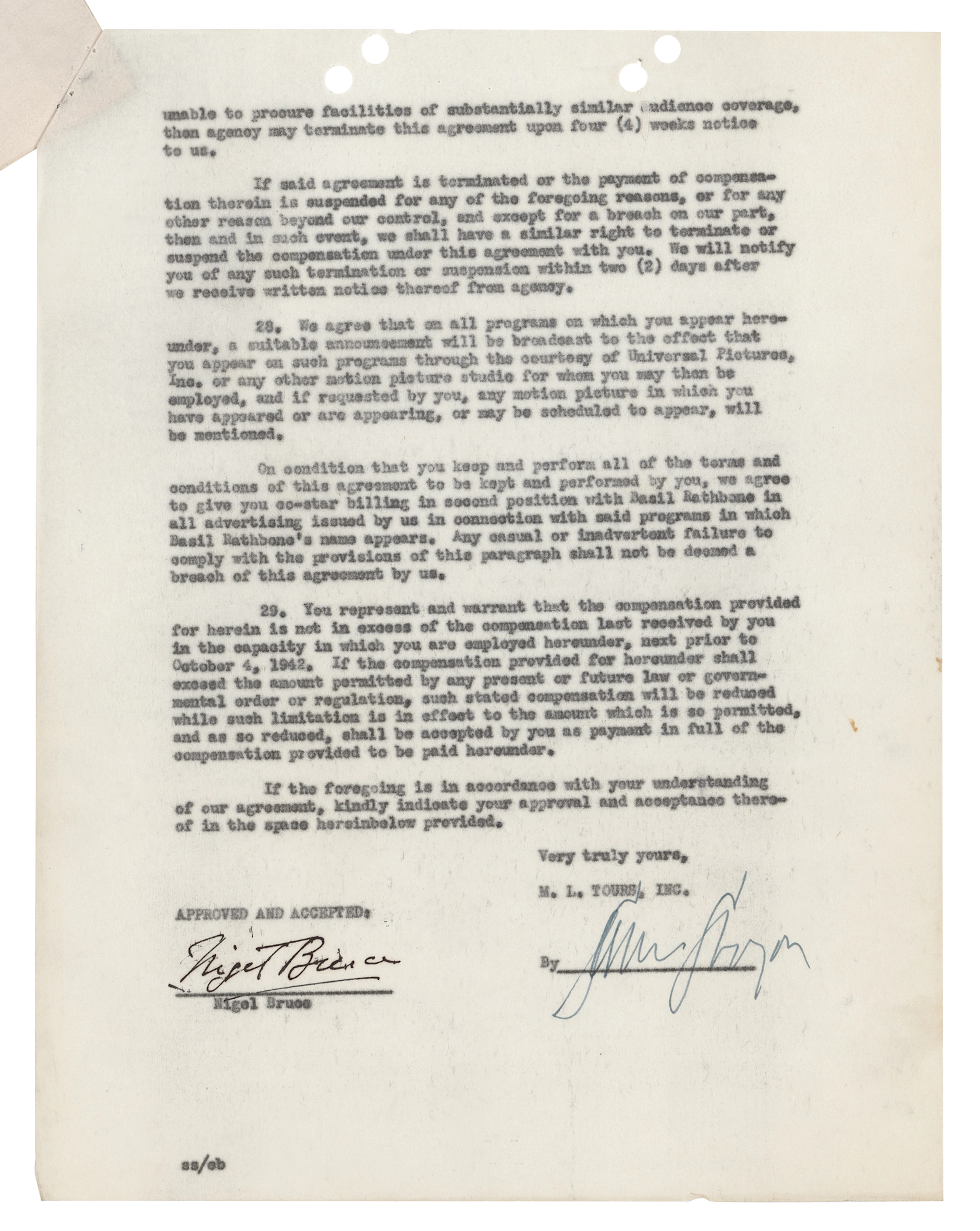 Nigel Bruce Document Signed for a Radio Role as Sherlock Holmes's Dr. Watson