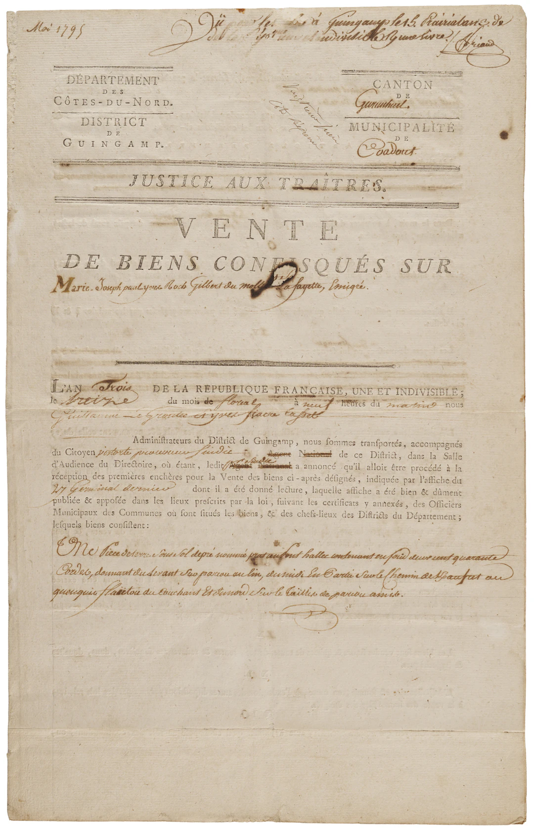 Marquis de Lafayette: "Justice for Traitors" Document Recording the