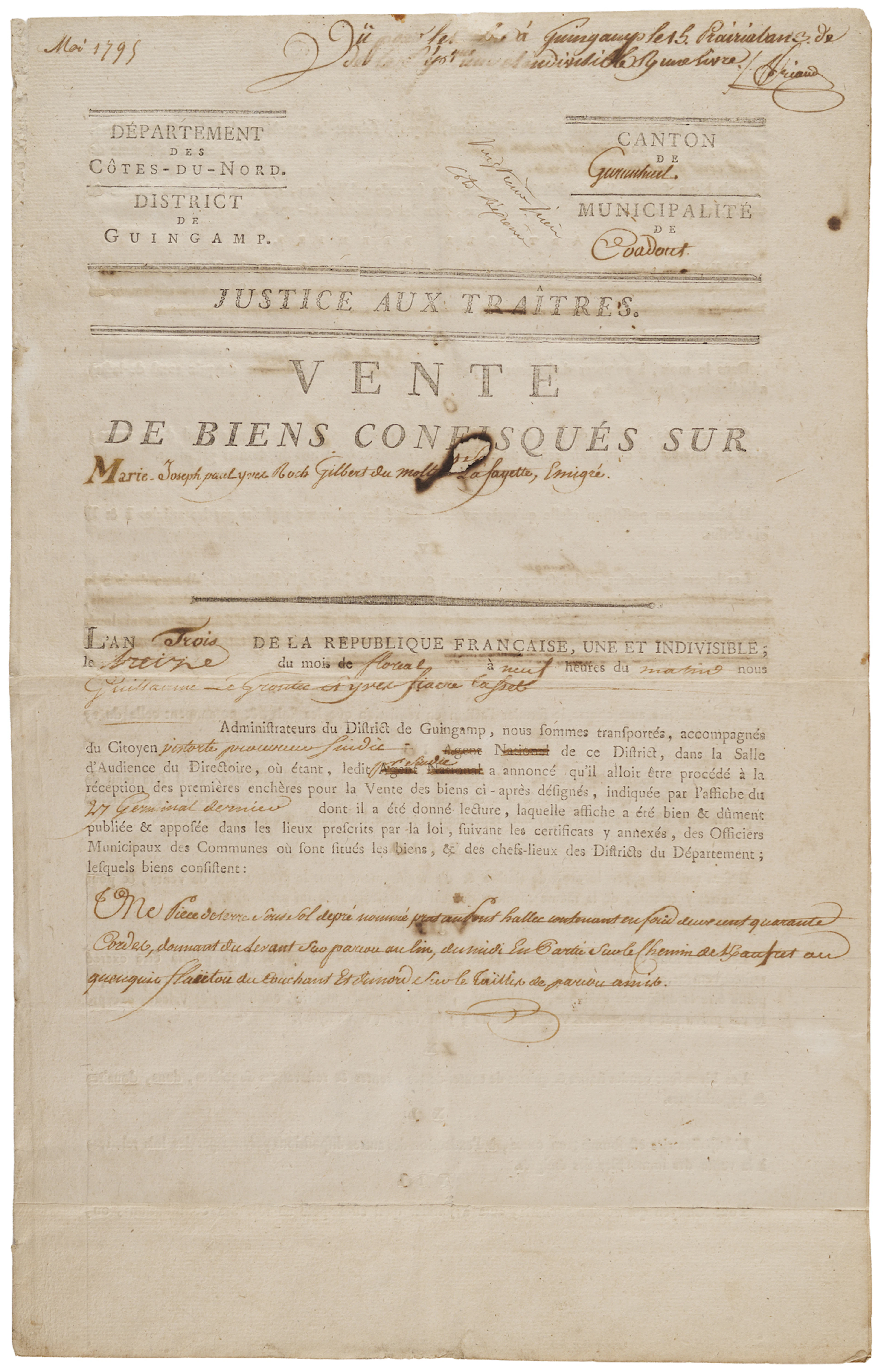 Marquis de Lafayette: "Justice for Traitors" Document Recording the