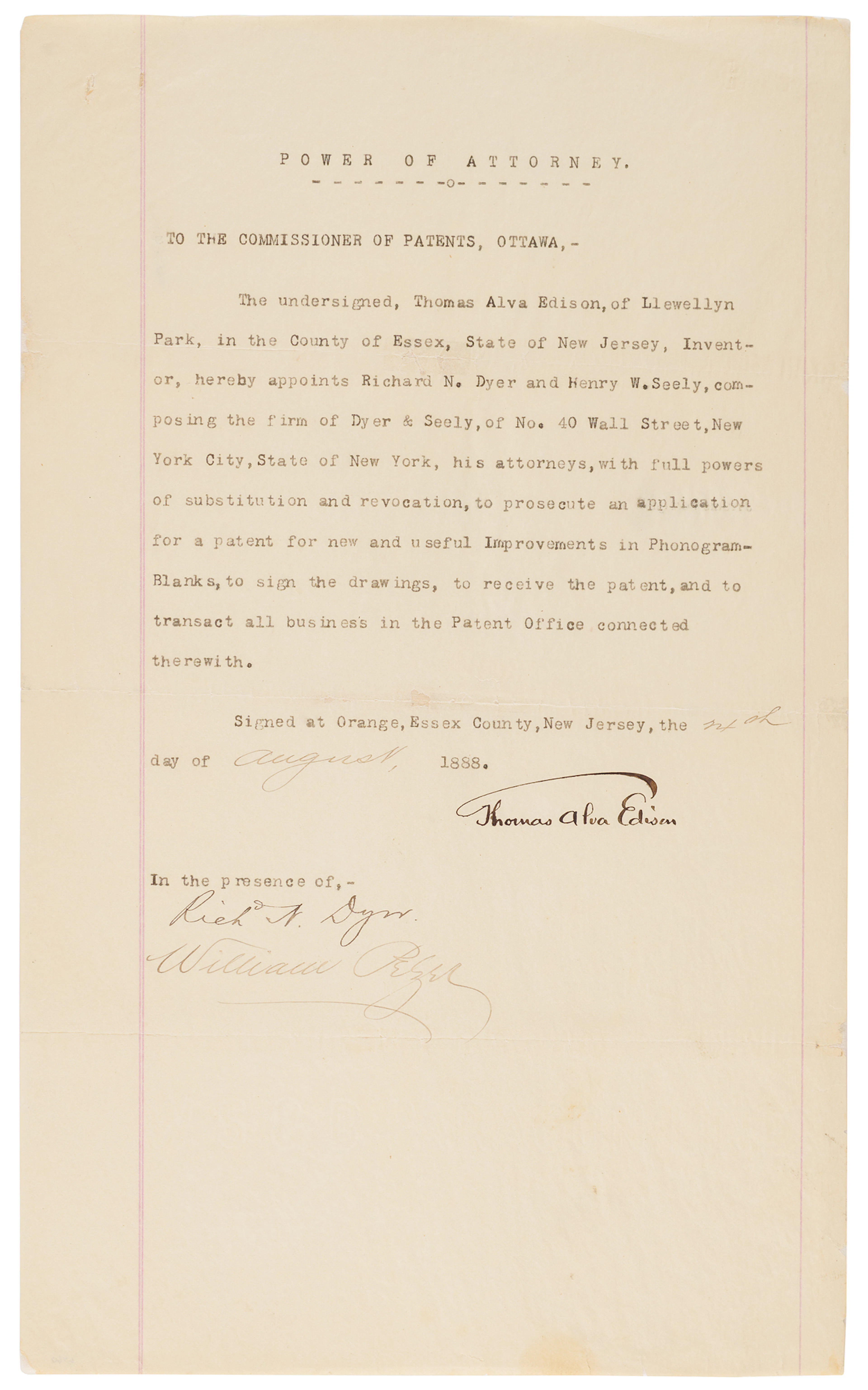 Thomas Edison Signed 1888 Phonograph Patent Power of Attorney for