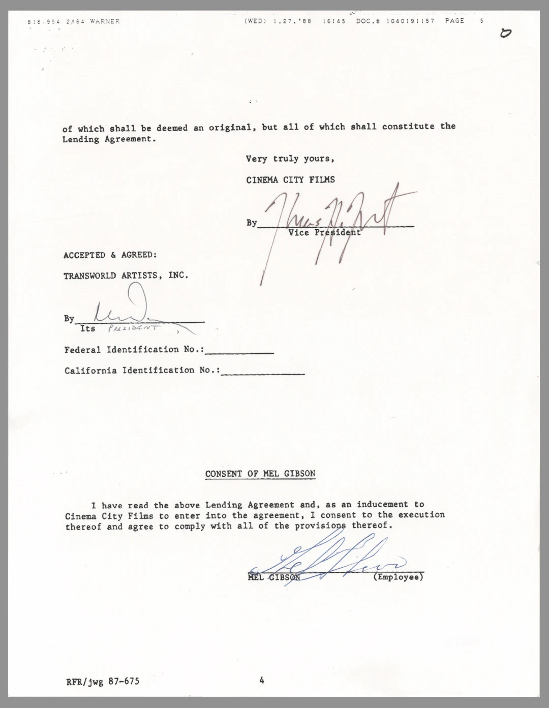 Mel Gibson Document Signed for Tequila Sunrise