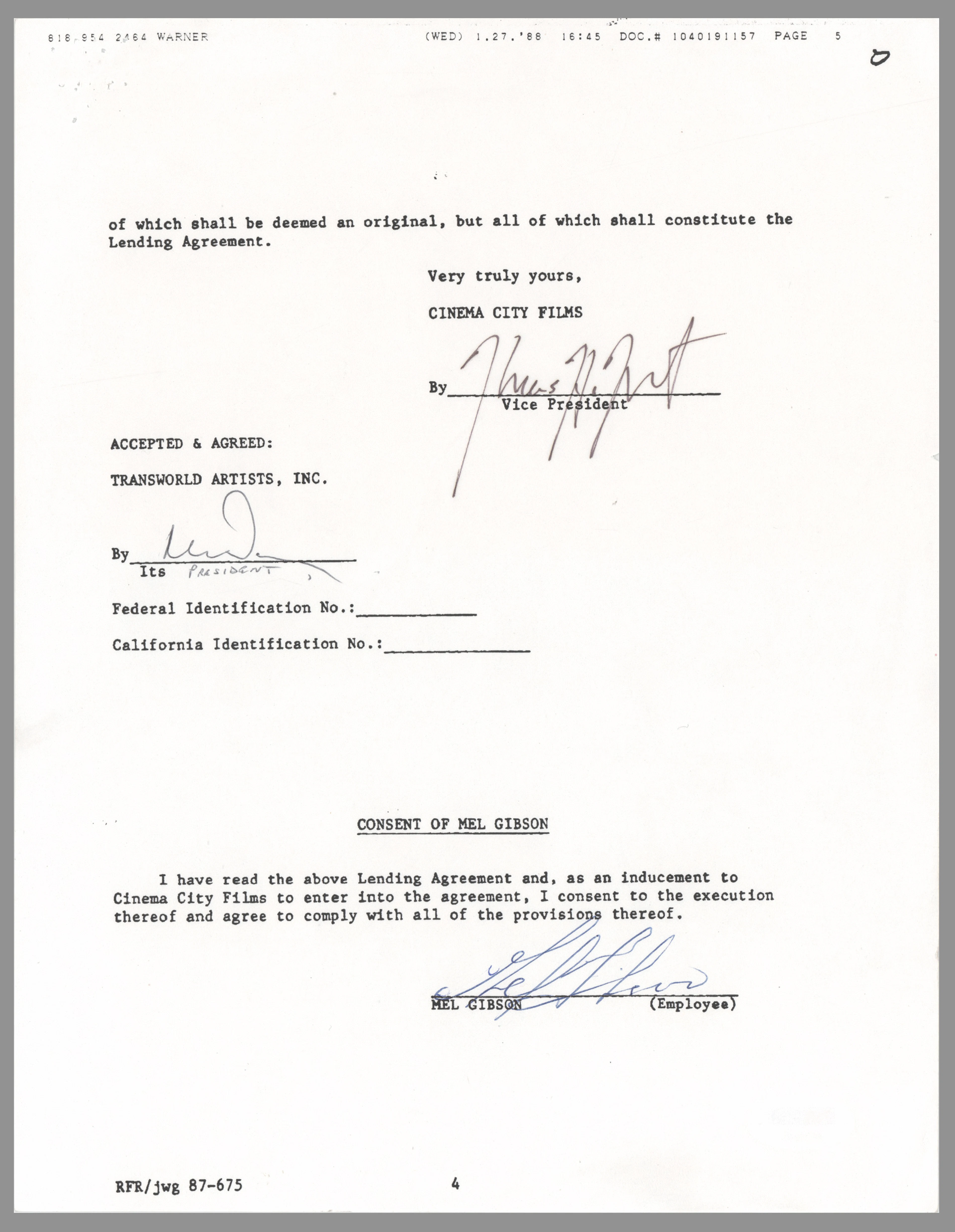 Mel Gibson Document Signed for Tequila Sunrise