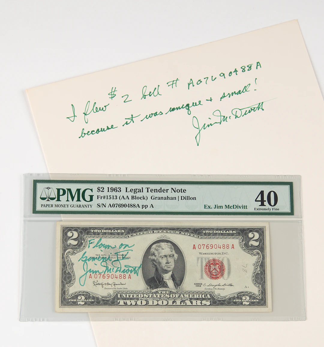 Gemini 4 Flown $2 Dollar Bill, Signed by Jim McDivitt - PMG EF 40