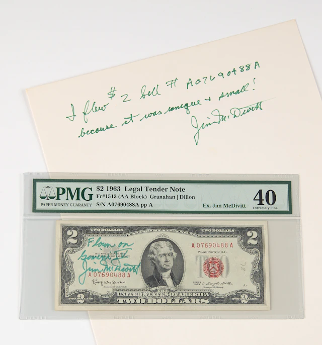 Gemini 4 Flown $2 Dollar Bill, Signed by Jim McDivitt - PMG EF 40