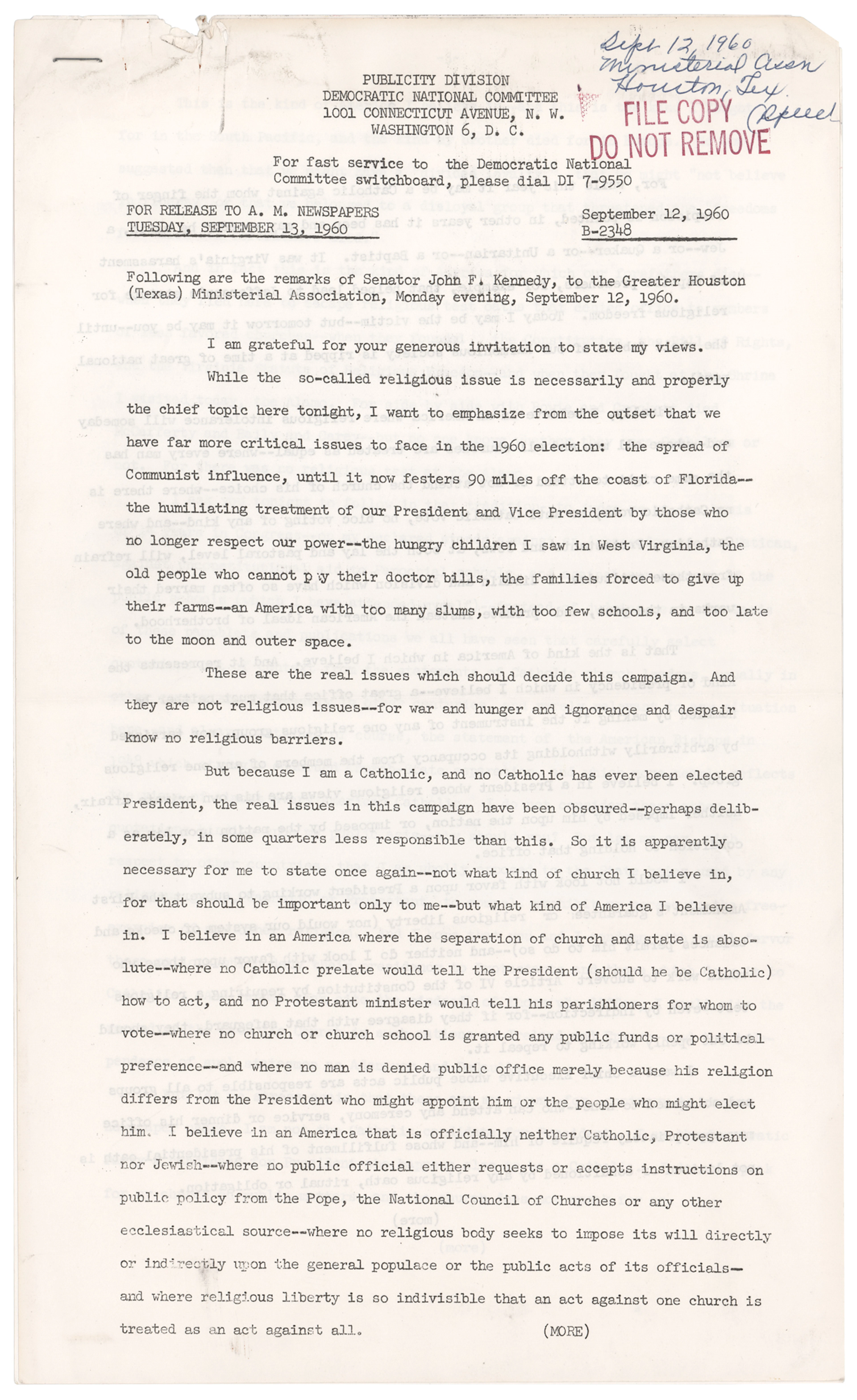 John F. Kennedy Press Release File Copy of a 1960 Houston Campaign