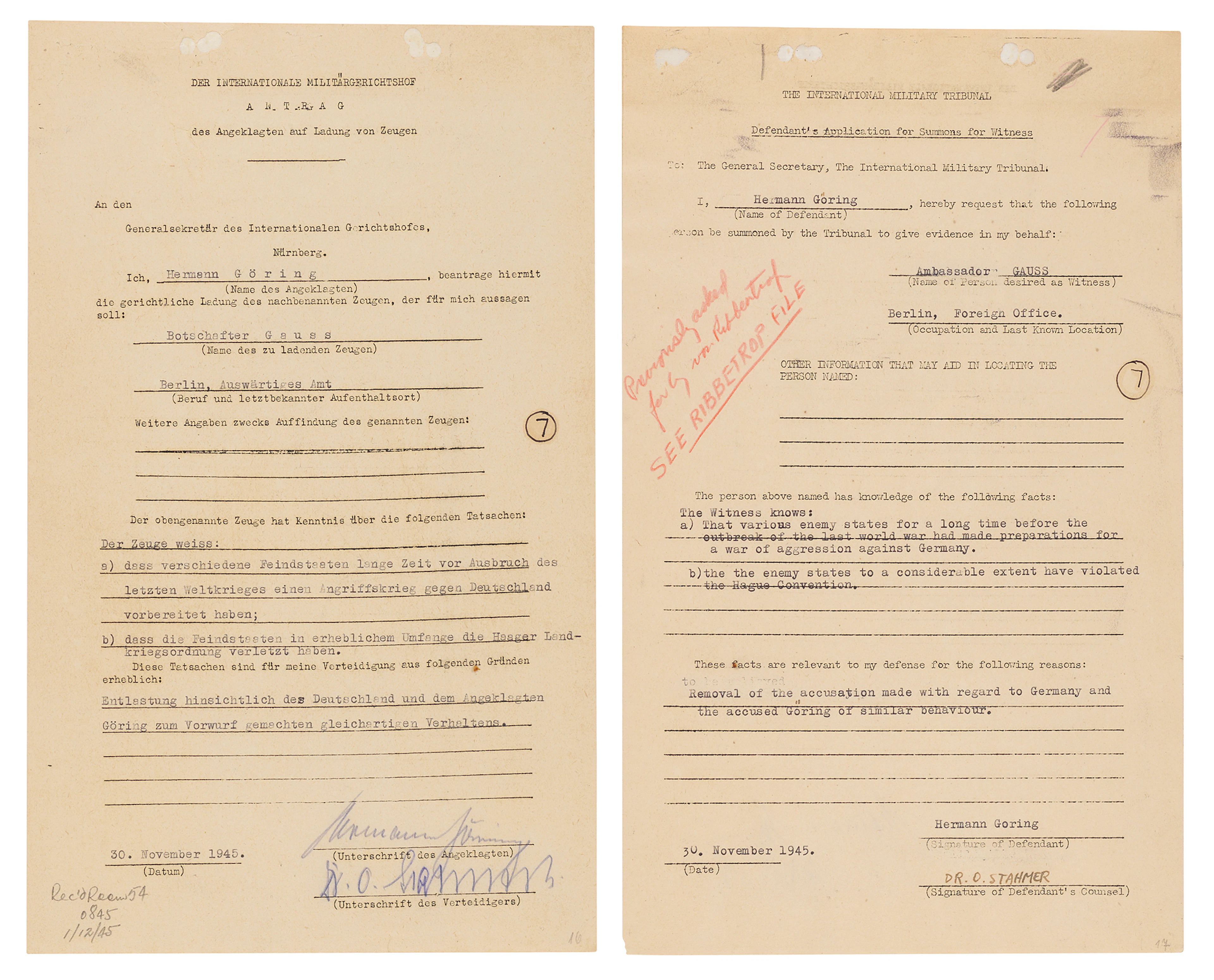 Hermann Göring Document Signed at Nuremberg, Seeking Friedrich Gaus
