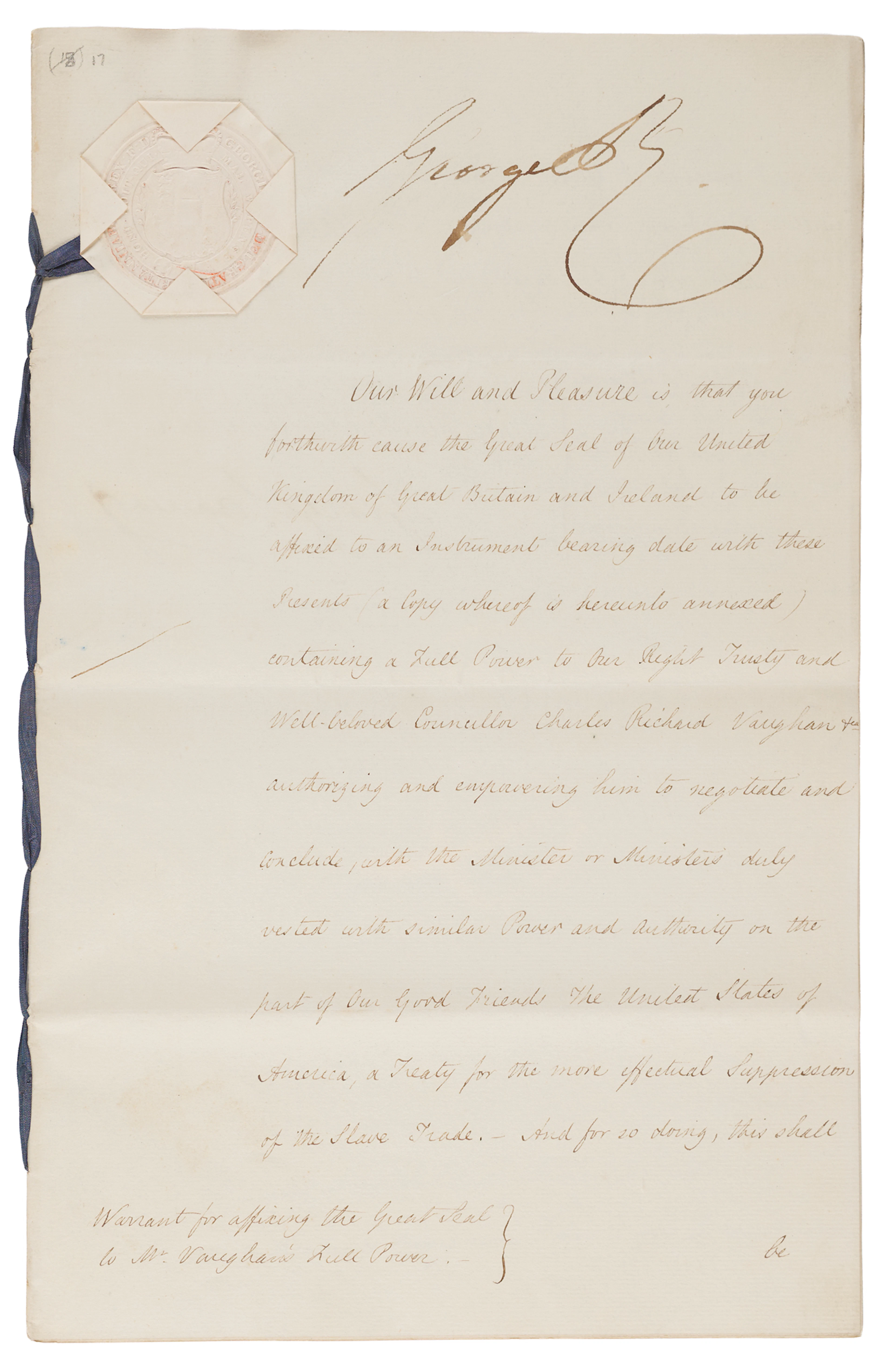 King George IV Document Signed, Authorizing Negotiation of a Treaty