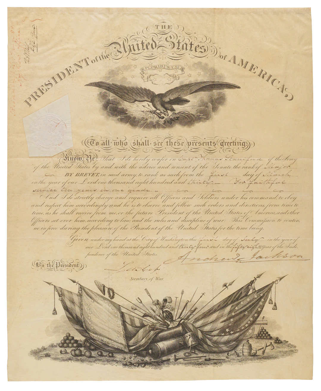 Andrew Jackson Document Signed as President, Appointing a Major by Brevet