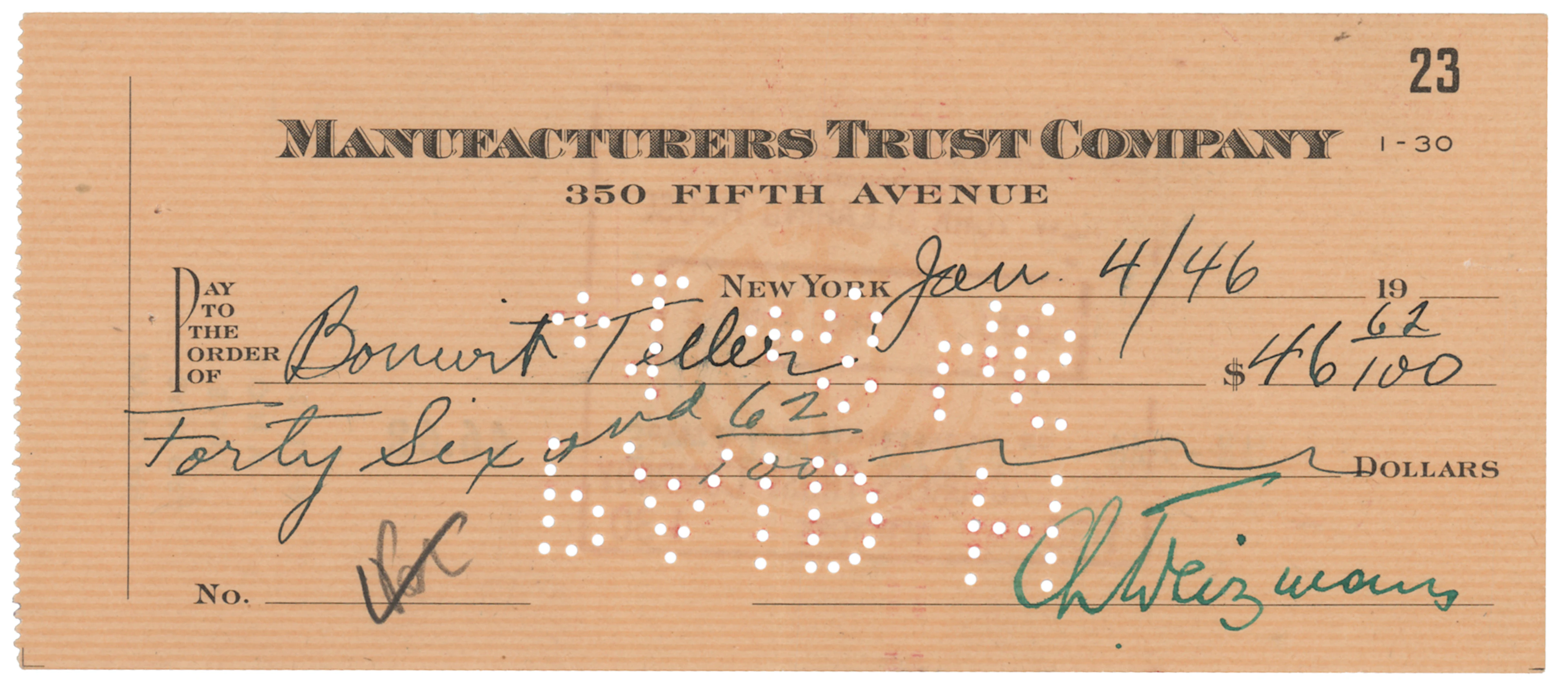 Chaim Weizmann Signed Check