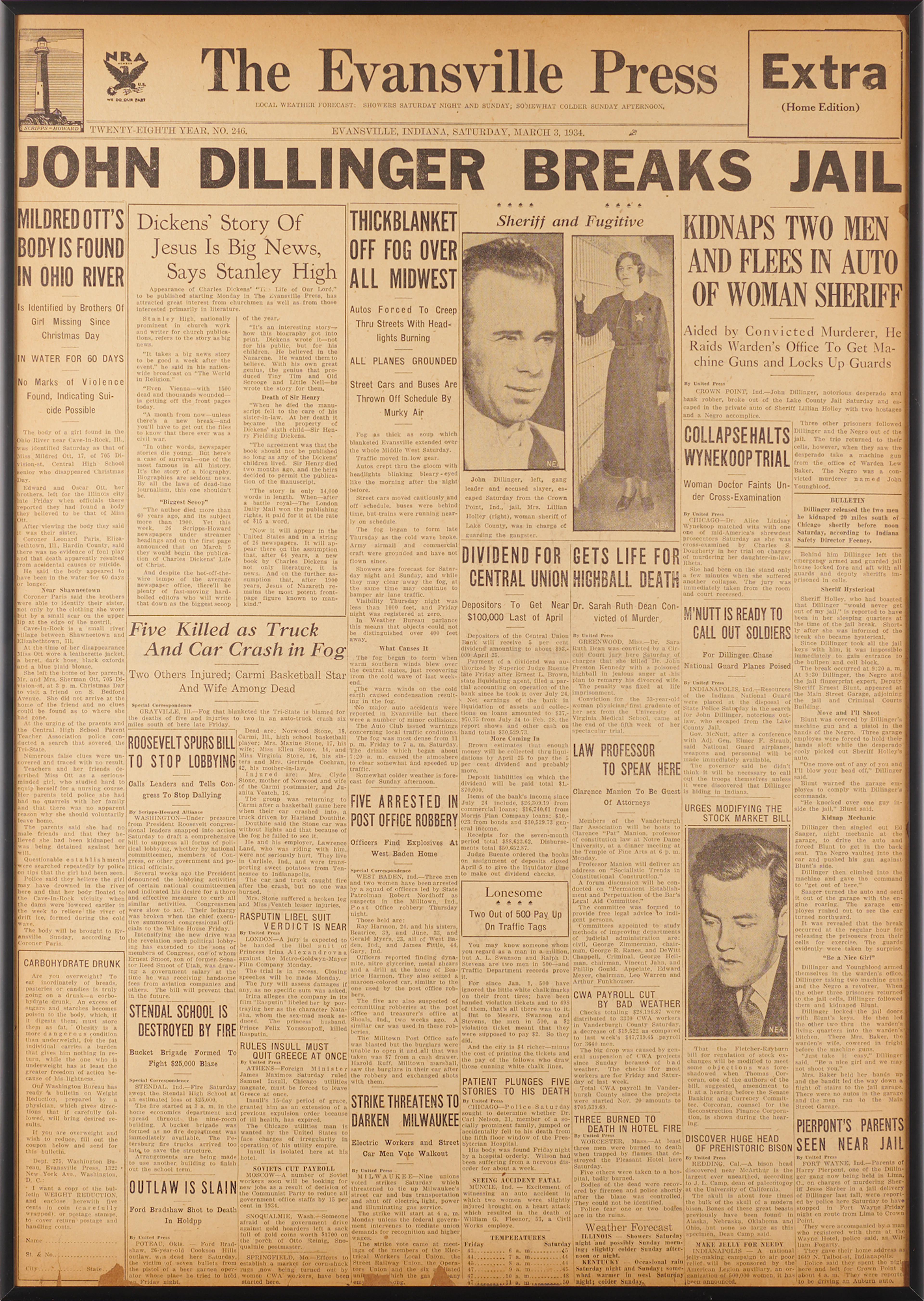 John Dillinger: Front Page of the Evansville Press, March 3, 1934