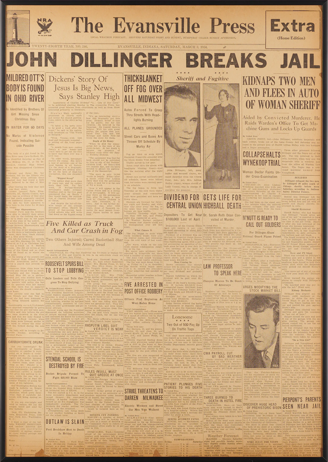 John Dillinger: Front Page of the Evansville Press, March 3, 1934