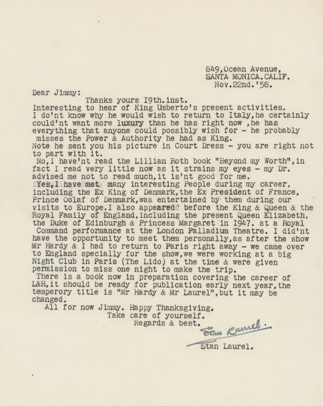 Stan Laurel Typed Letter Signed on Meetings with Royalty: "I also