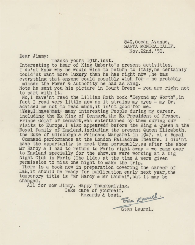 Stan Laurel Typed Letter Signed on Meetings with Royalty: "I also