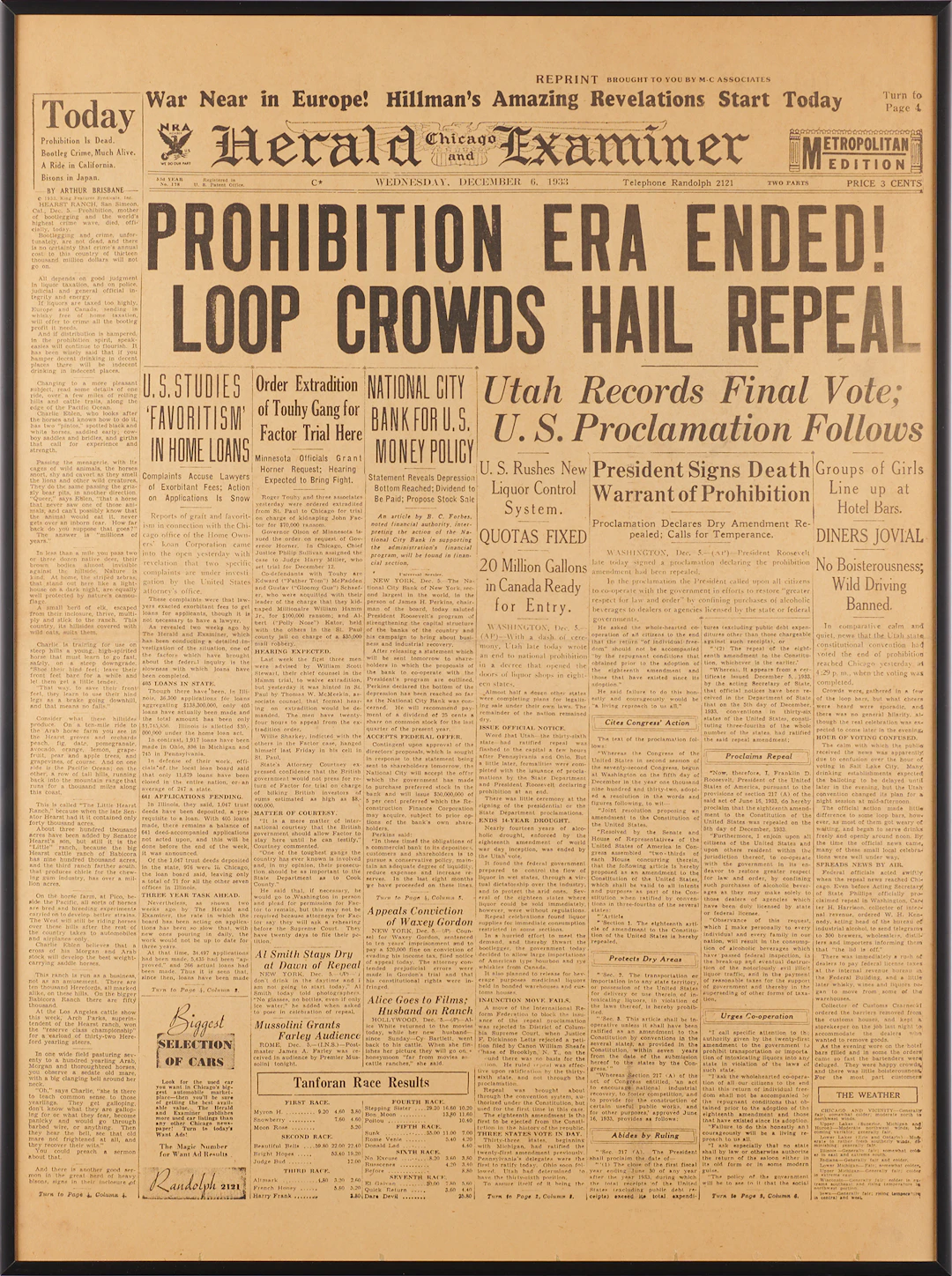 Prohibition: Front Page of the Chicago Herald and Examiner, December