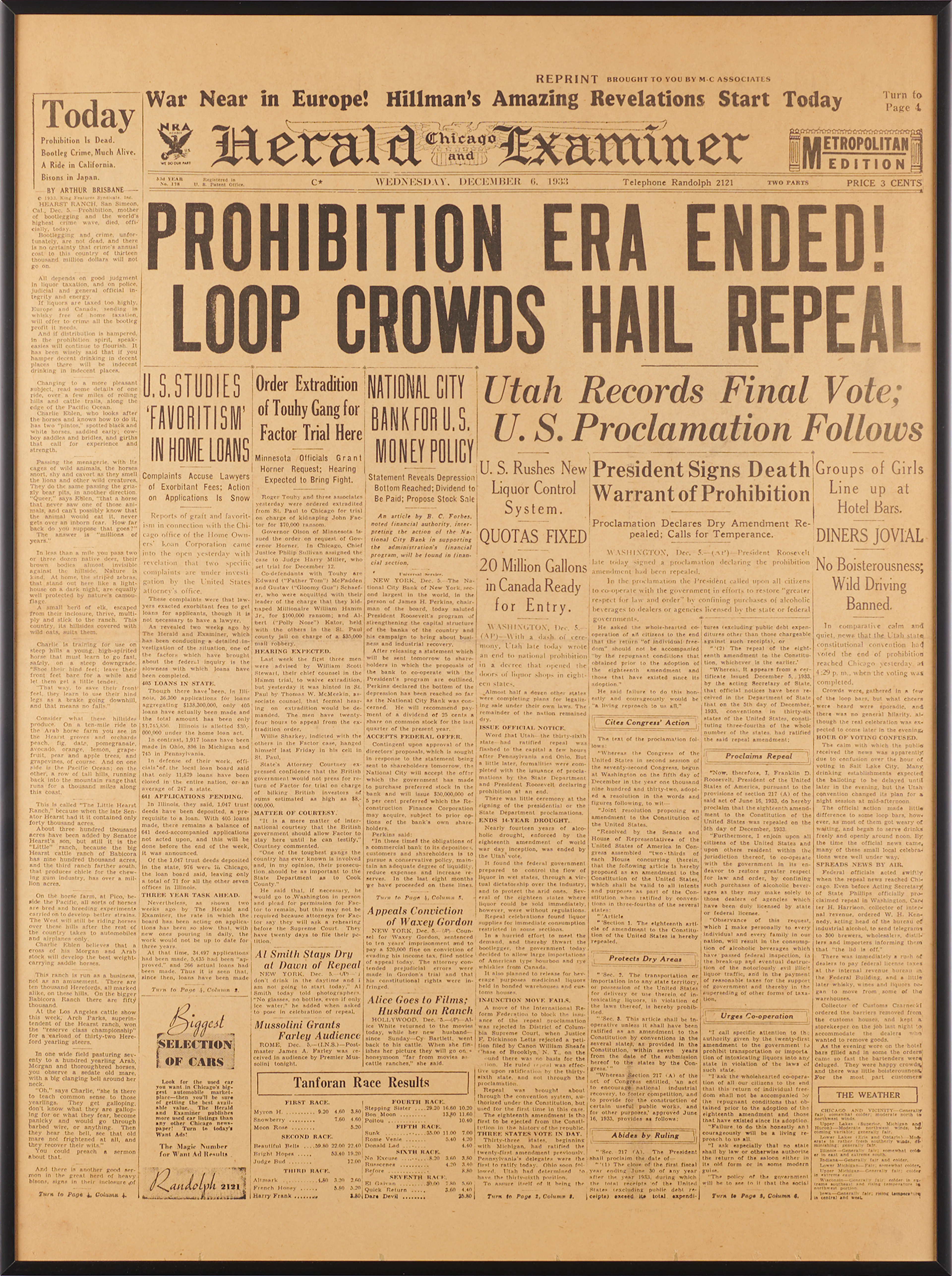 Prohibition: Front Page of the Chicago Herald and Examiner, December