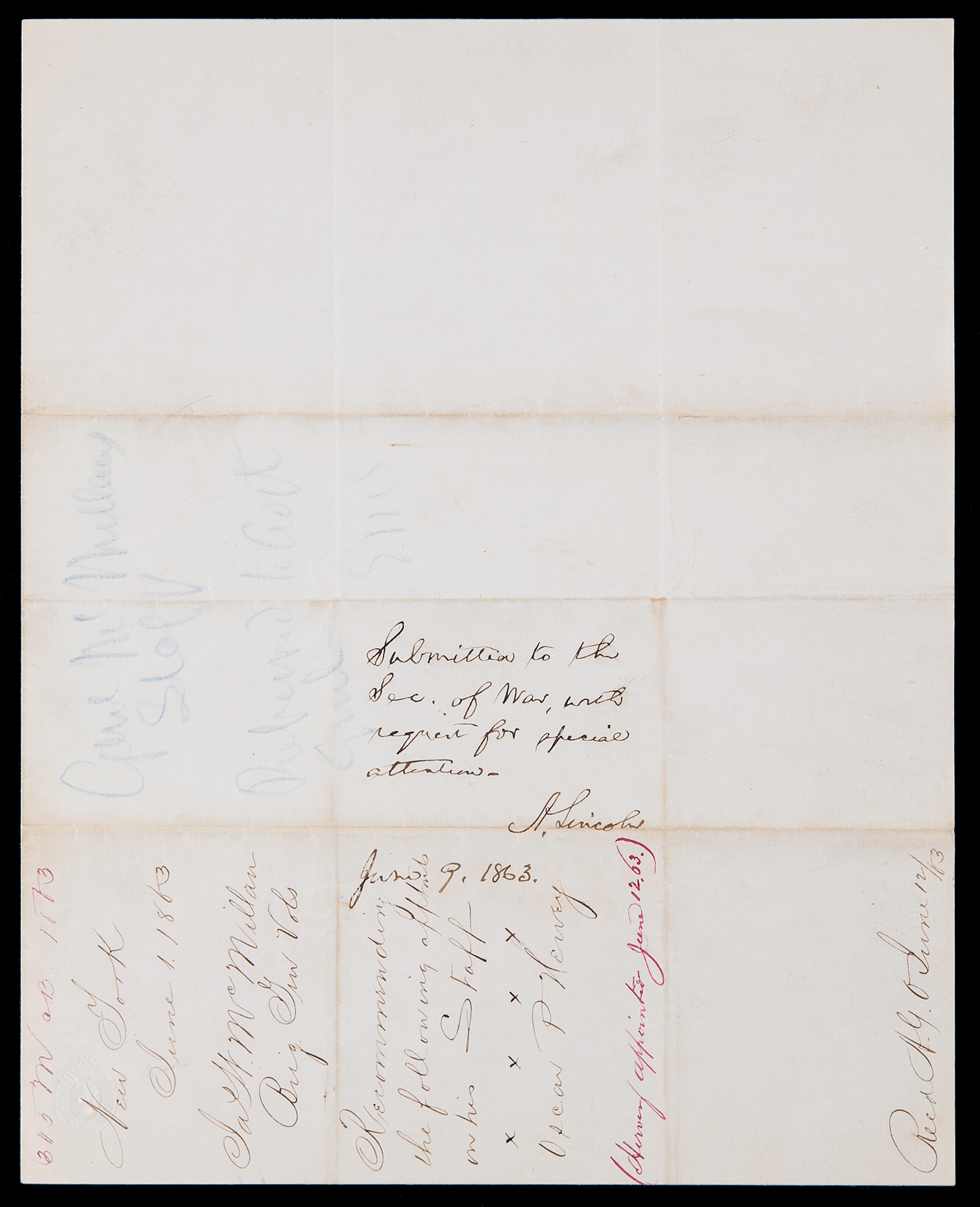 Abraham Lincoln Autograph Endorsement Signed as President - “Submitted