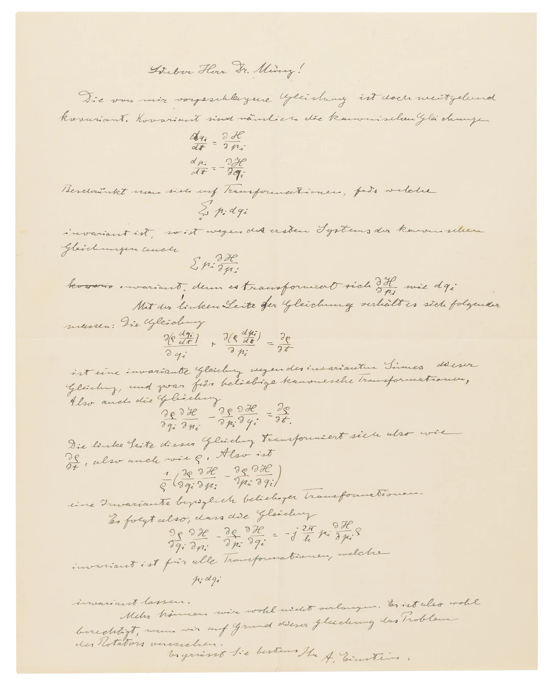 Albert Einstein Autograph Letter Signed on Hamiltonian Mechanics with