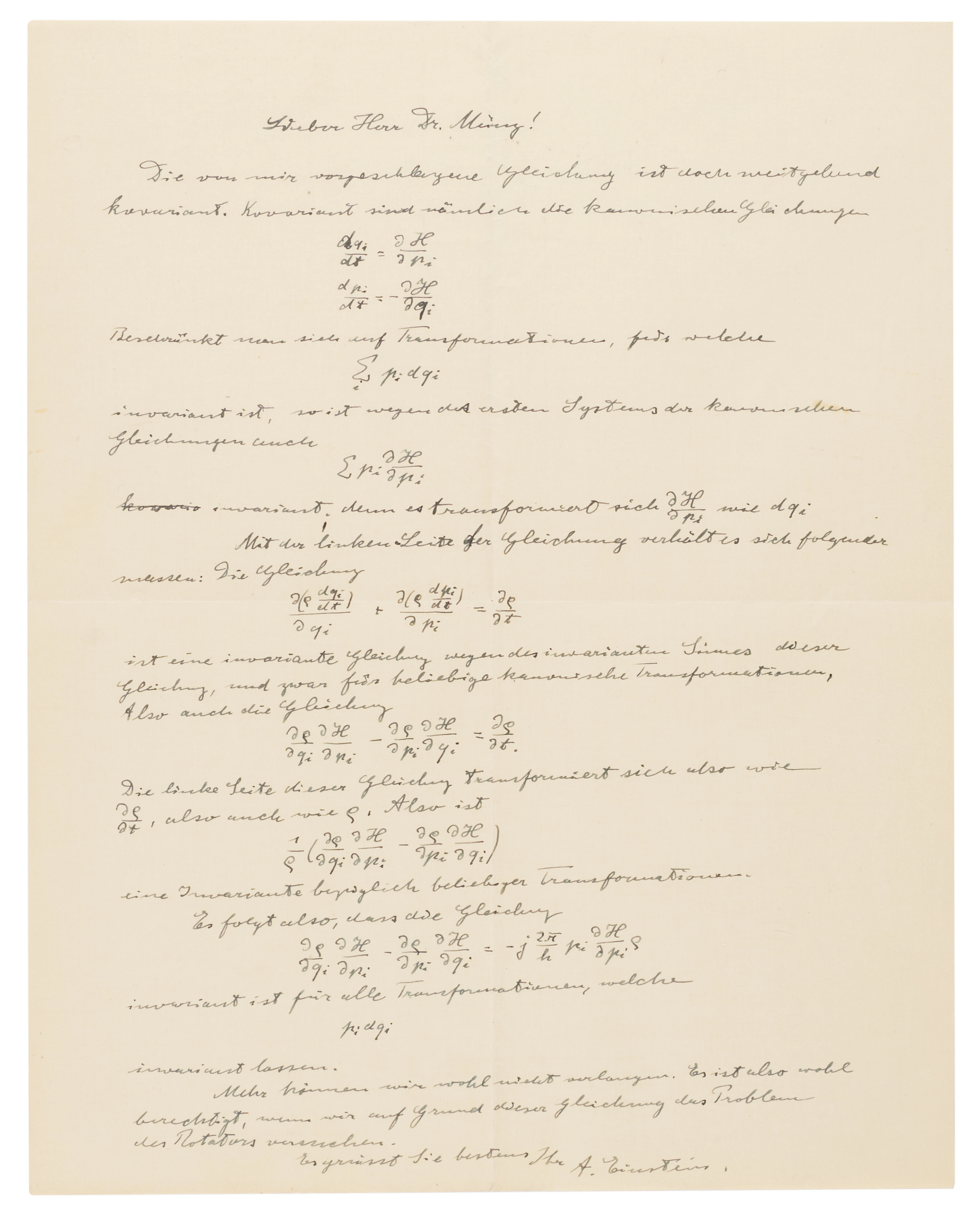 Albert Einstein Autograph Letter Signed on Hamiltonian Mechanics with