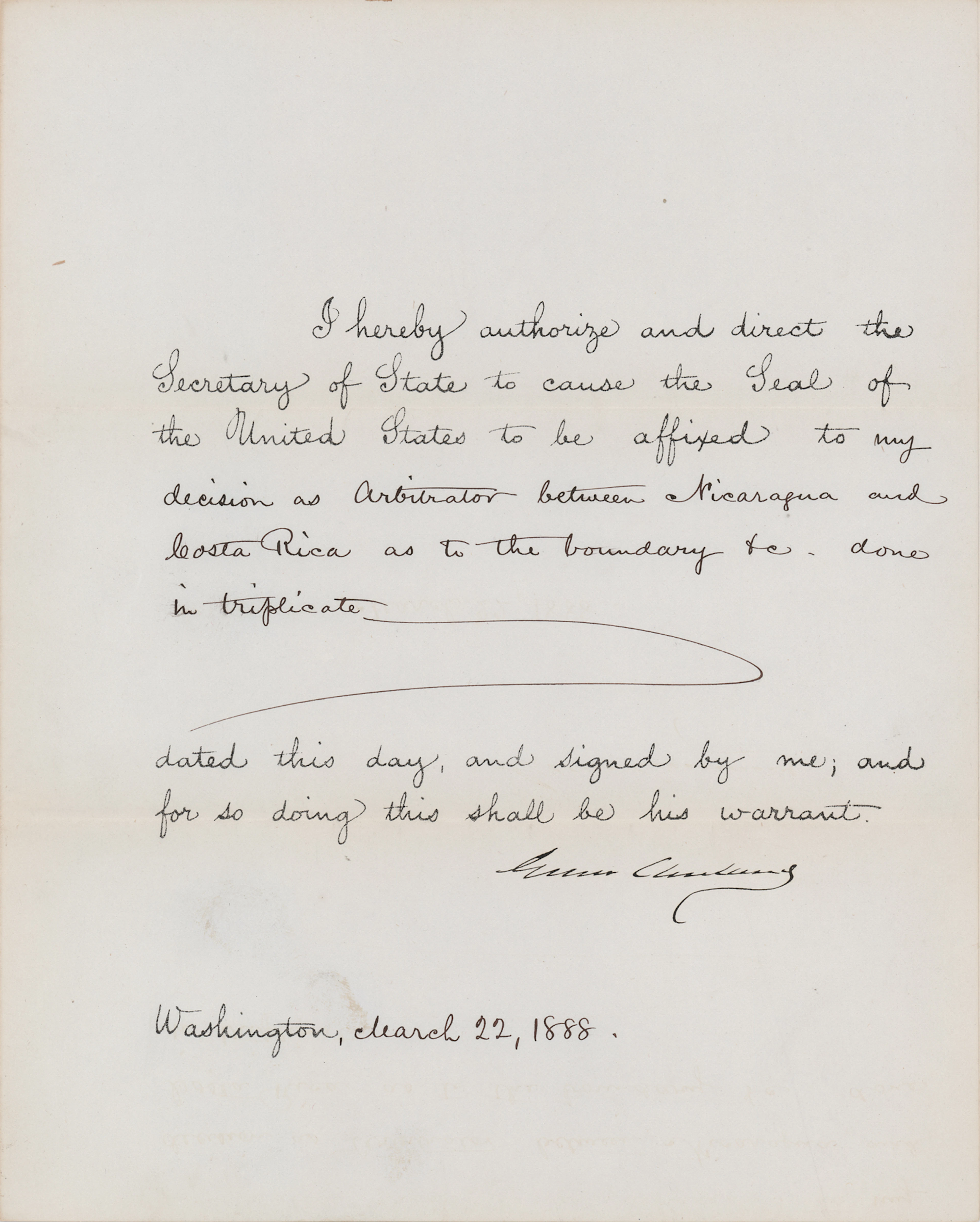 Grover Cleveland Document Signed as President, Resolving a Border