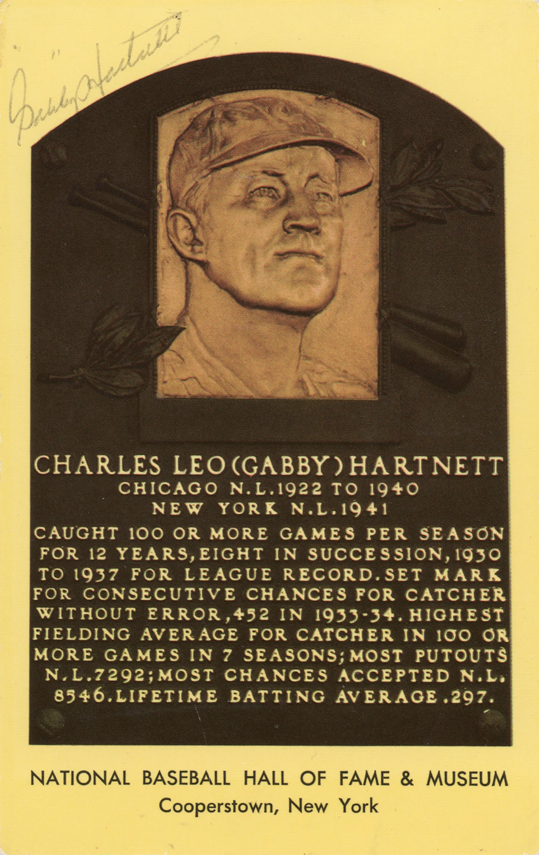 Gabby Hartnett Signed Hall of Fame Plaque Card