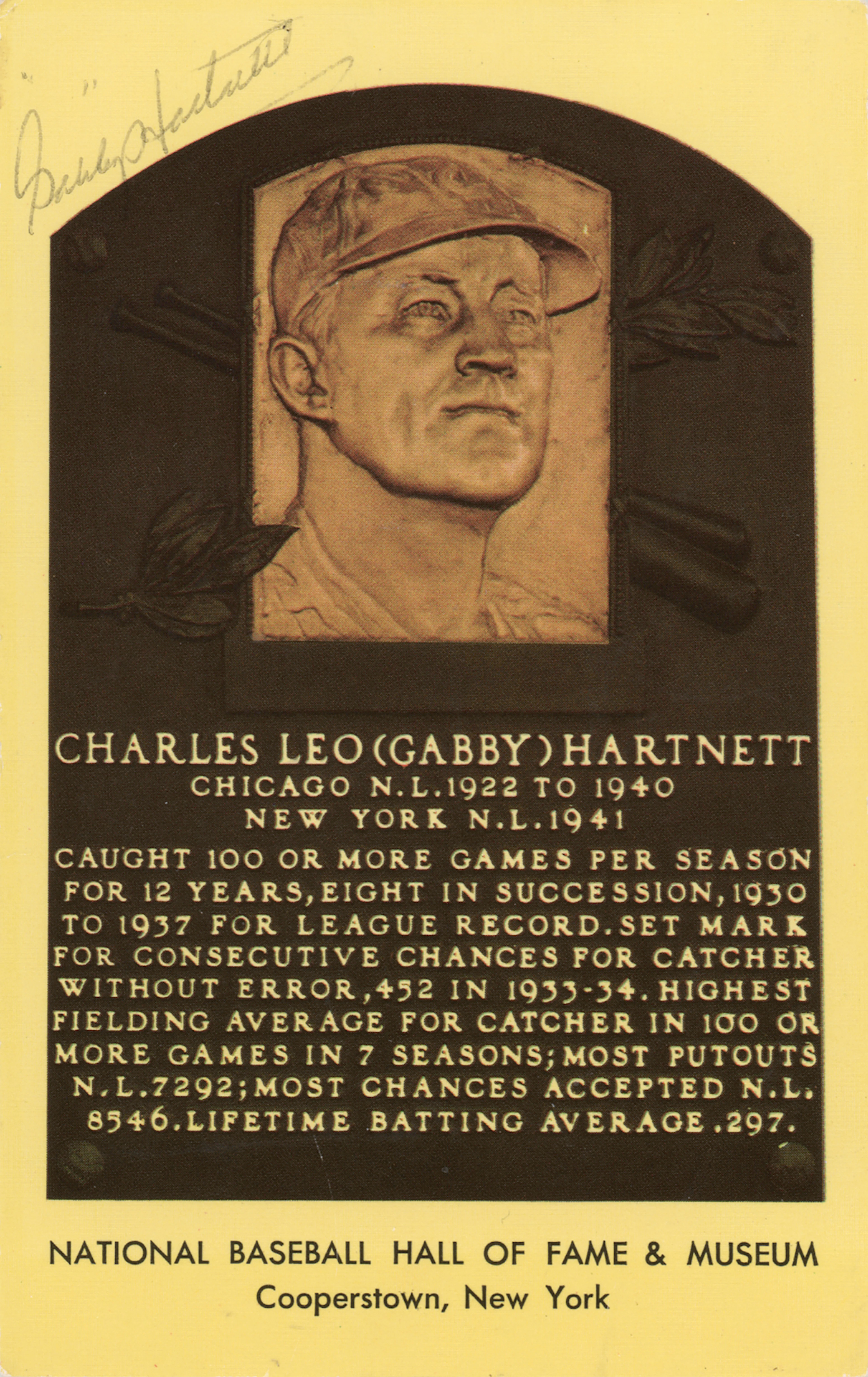 Gabby Hartnett Signed Hall of Fame Plaque Card