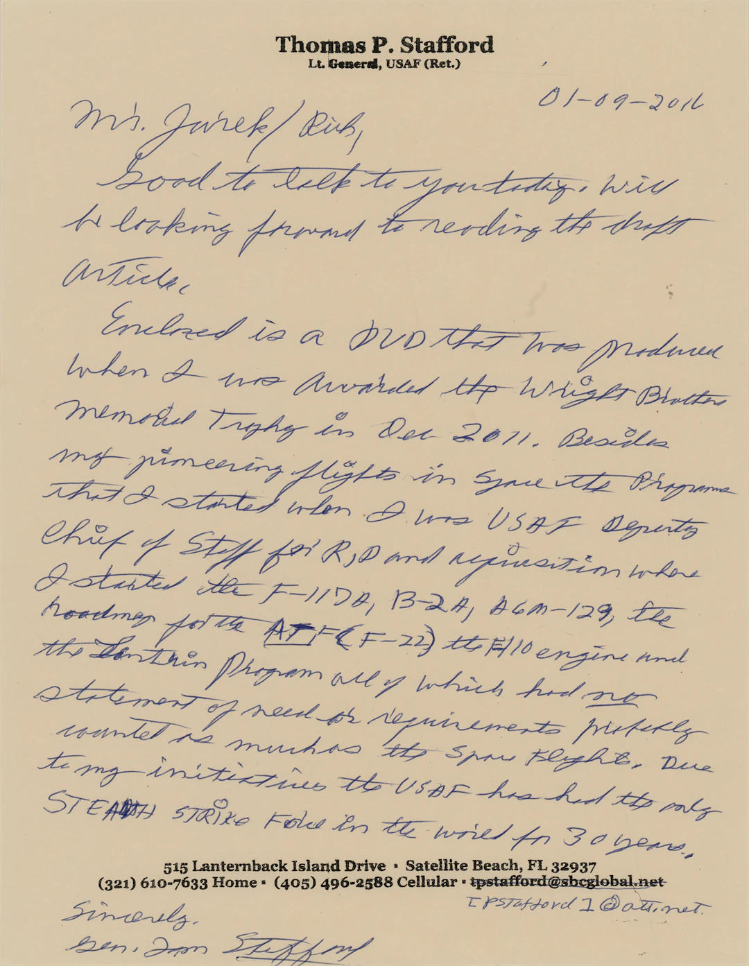 Tom Stafford Autograph Letter Signed: "Due to my efforts, the USAF