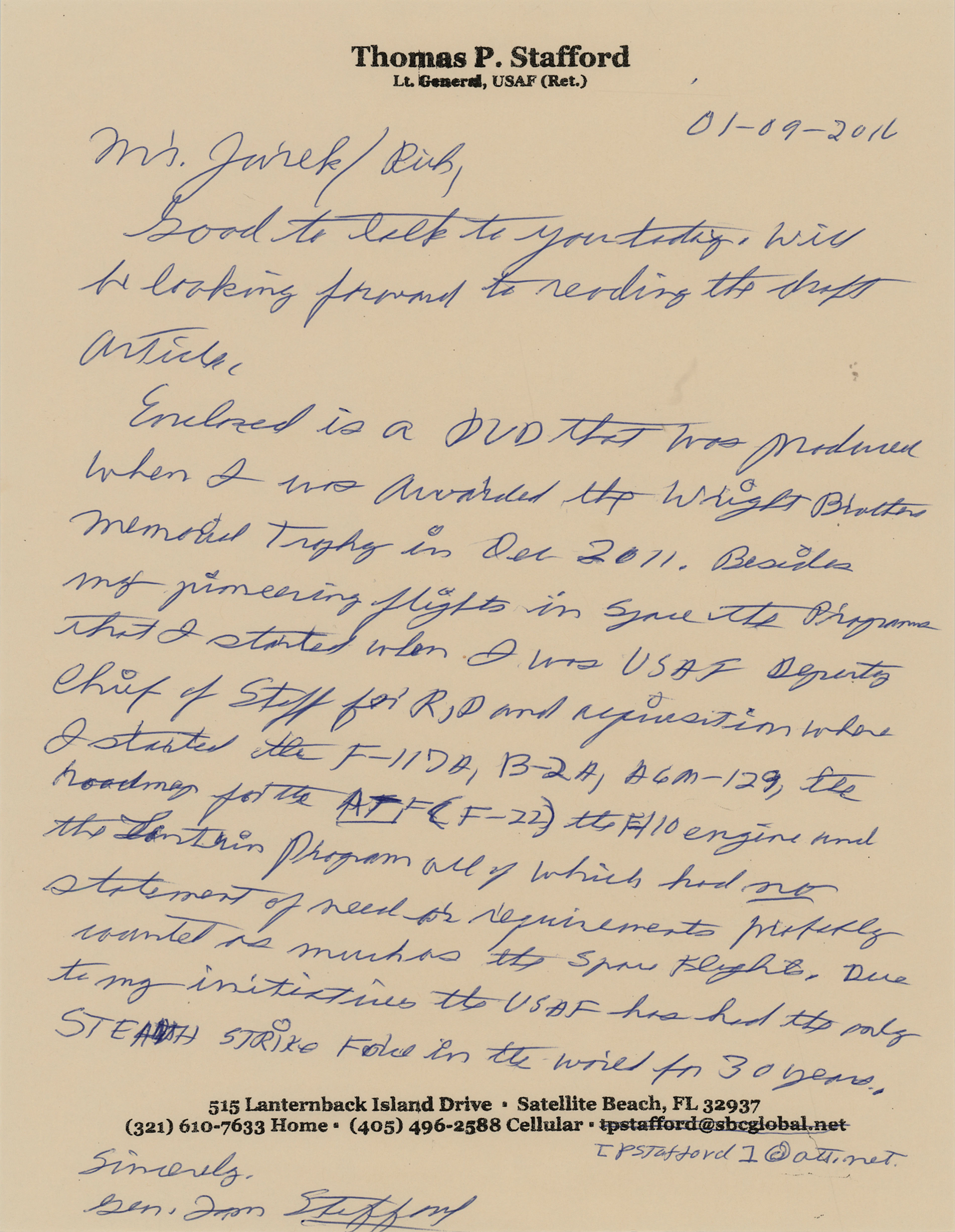Tom Stafford Autograph Letter Signed: "Due to my efforts, the USAF