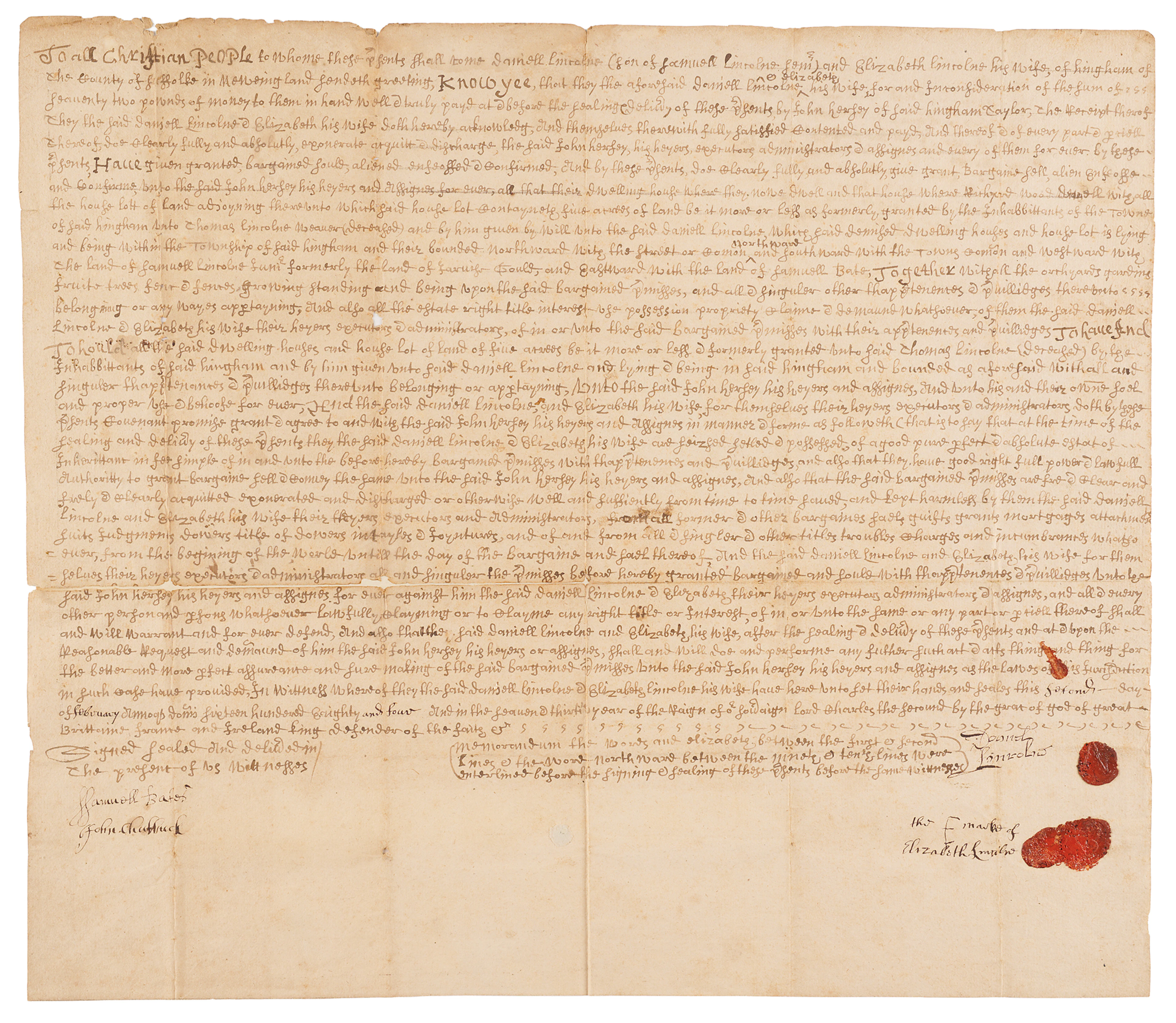 Abraham Lincoln: Daniel Lincoln 1684 Hingham Land Deed Signed by the