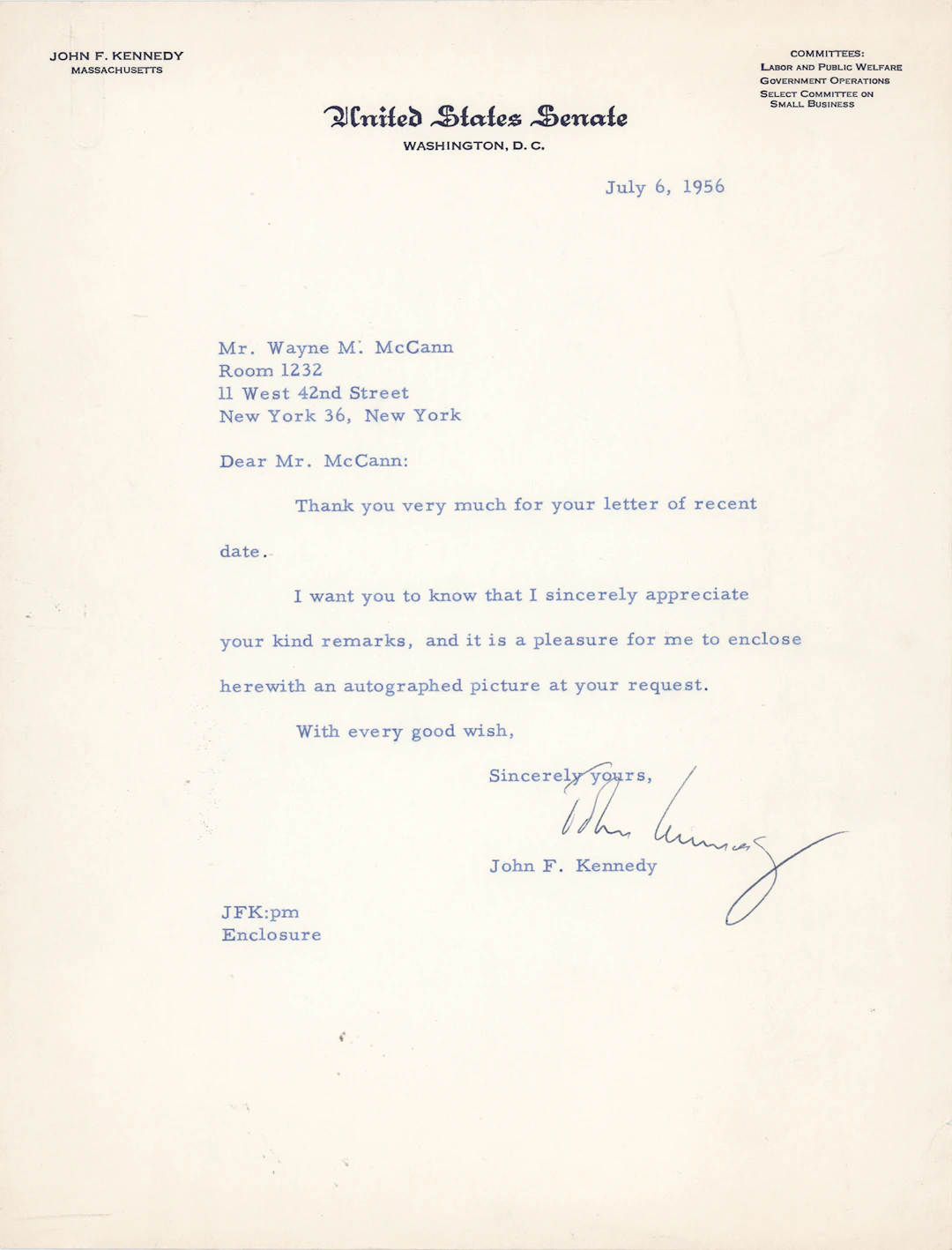 John F. Kennedy Typed Letter Signed