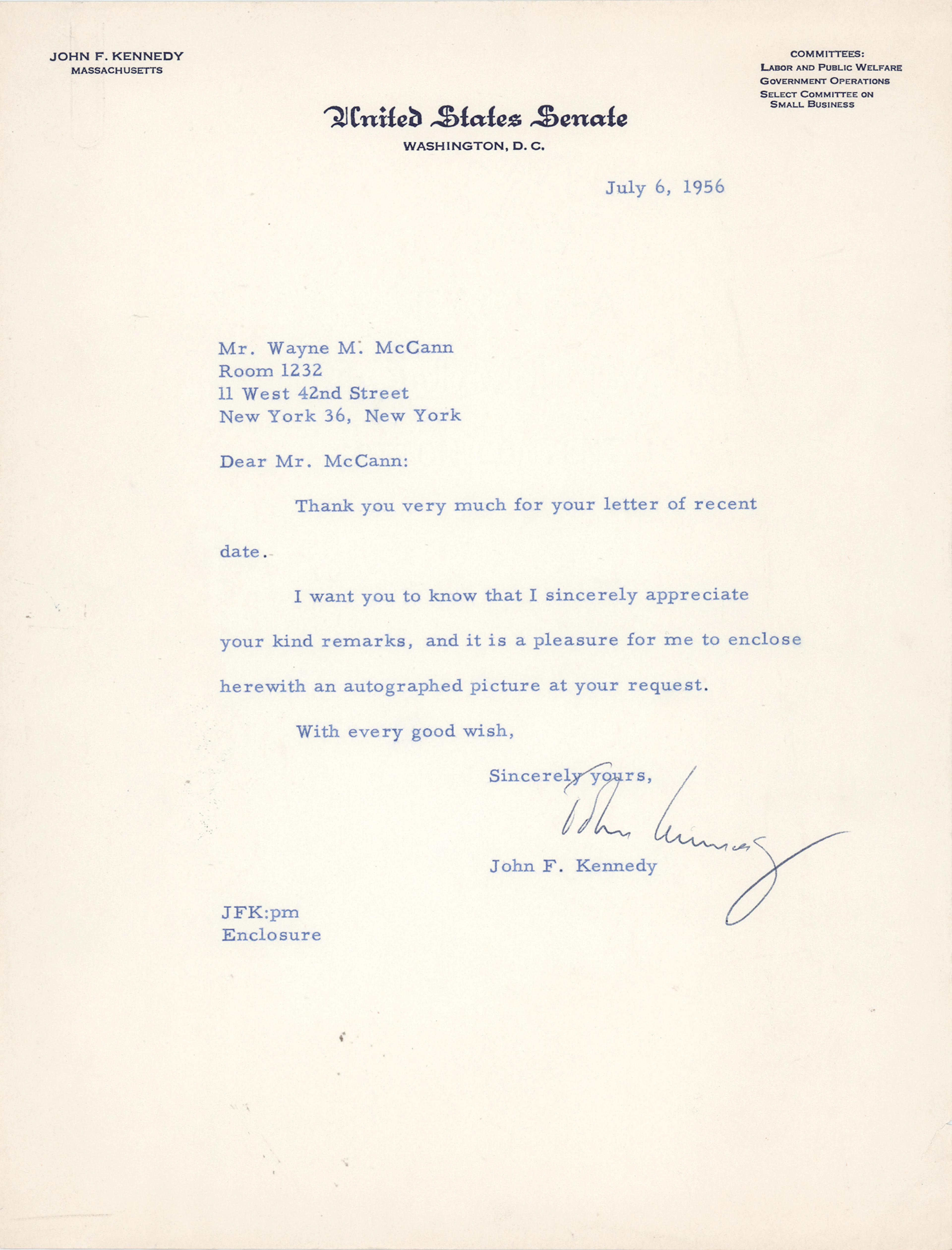 John F. Kennedy Typed Letter Signed