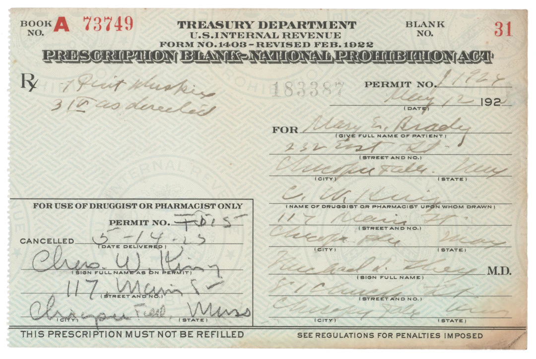 Prohibition: 1923 Liquor Prescription for Whiskey