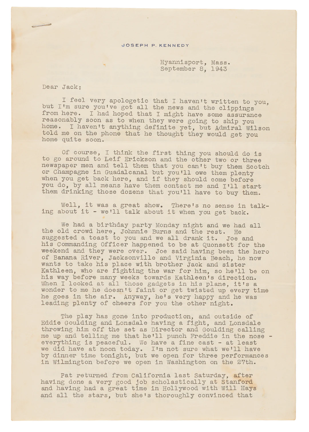 Joseph P. Kennedy Typed Letter Signed to His Son, John F. Kennedy