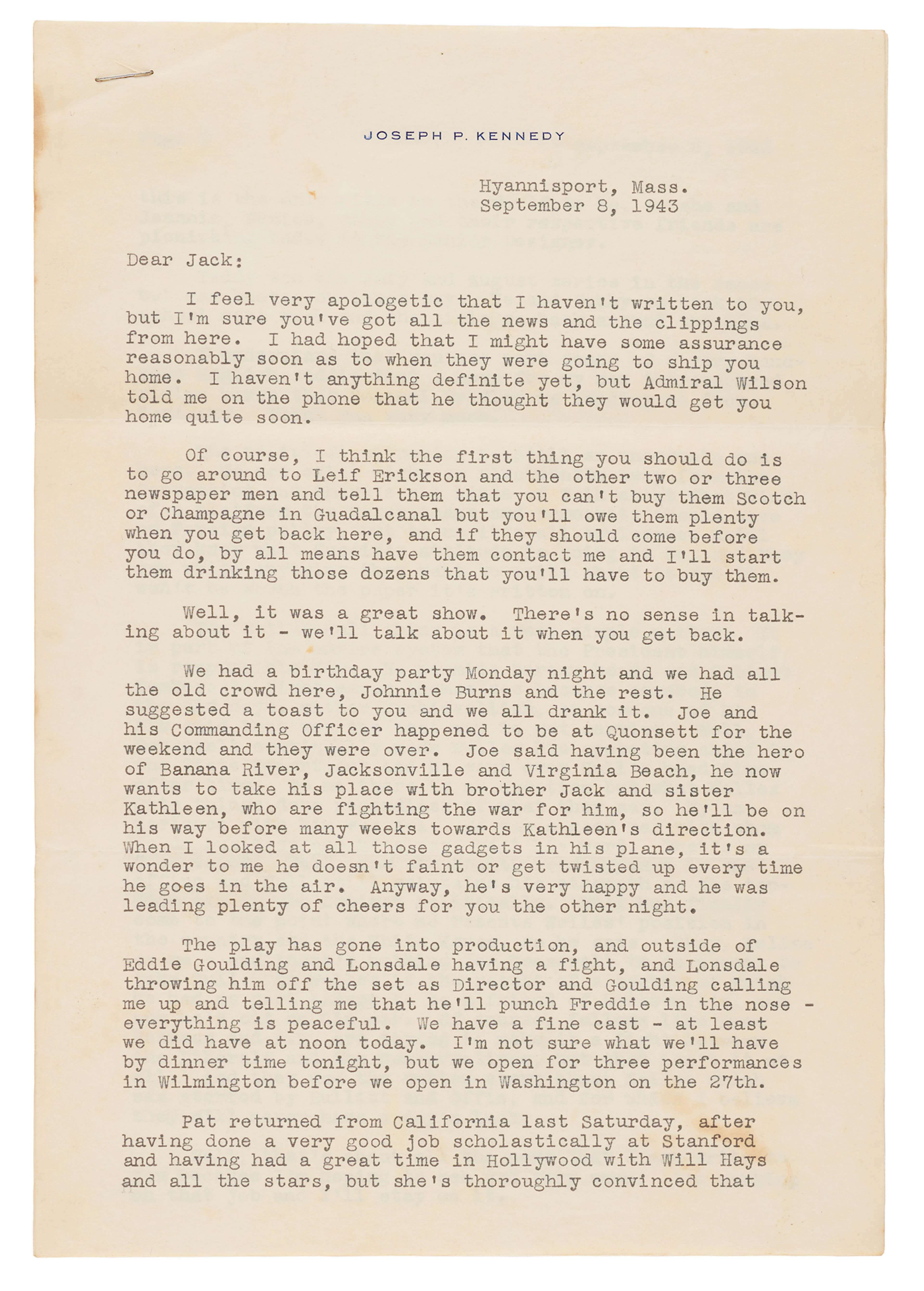 Joseph P. Kennedy Typed Letter Signed to His Son, John F. Kennedy