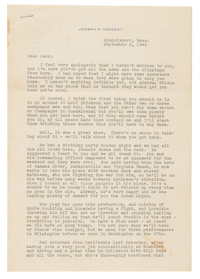 Joseph P. Kennedy Typed Letter Signed to His Son, John F. Kennedy