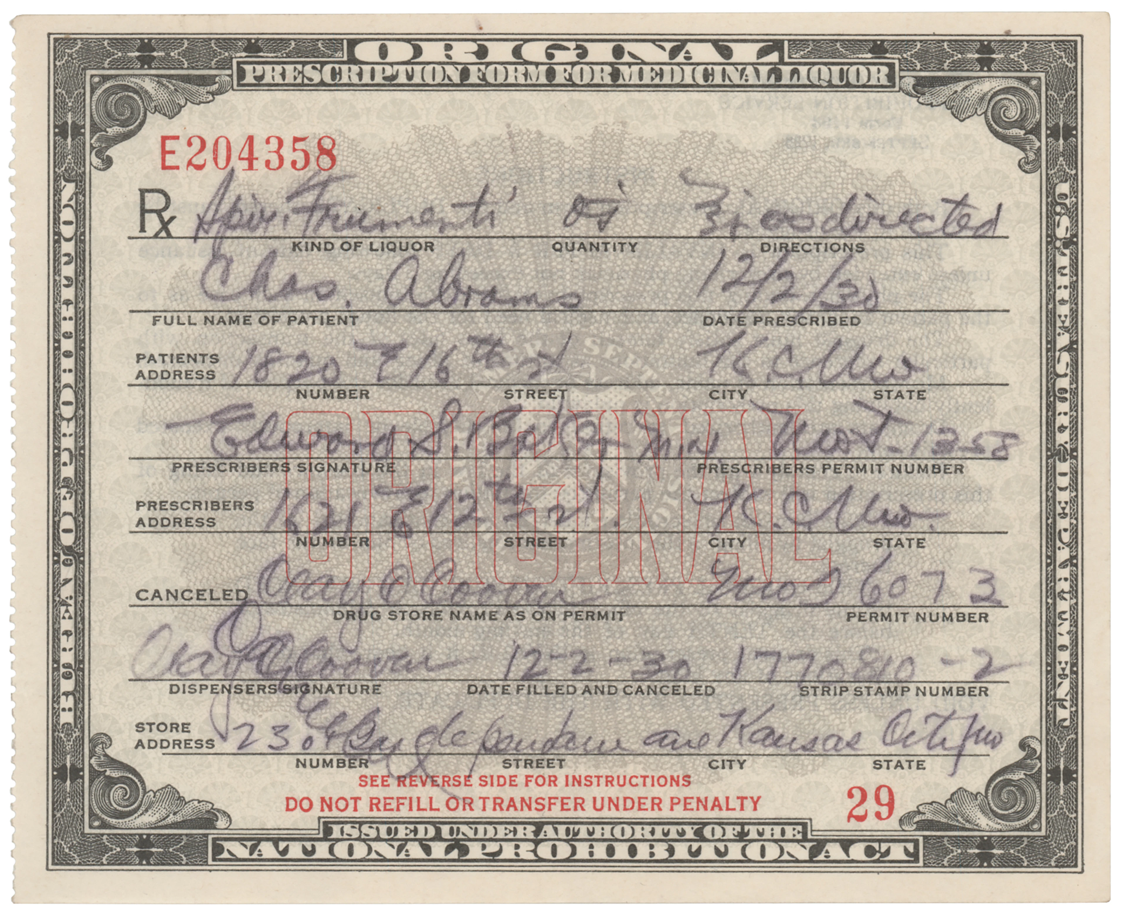 Prohibition: 1930 Liquor Prescription for Whiskey