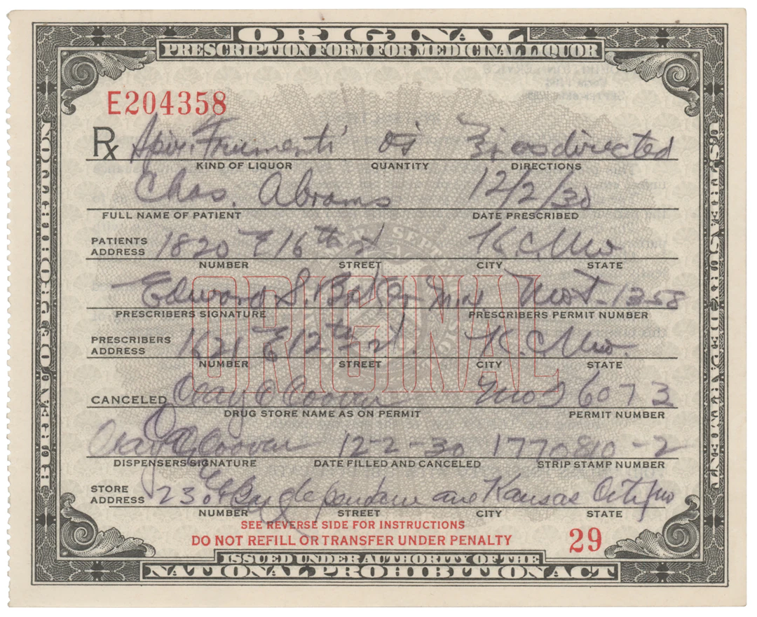 Prohibition: 1930 Liquor Prescription for Whiskey