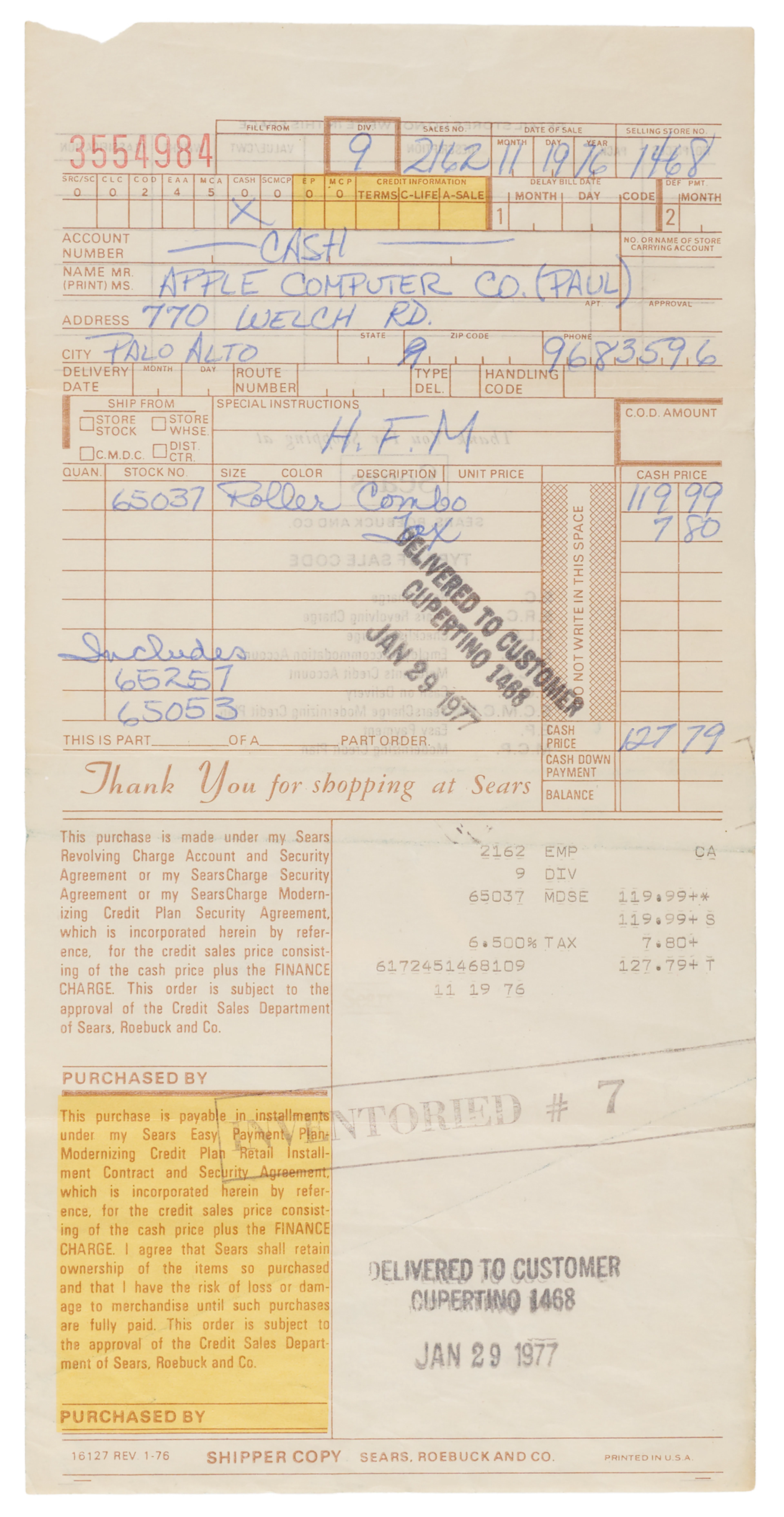 Steve Jobs: 1976-77 Sears Invoice for Roller Combo Tool Cabinet Purchased