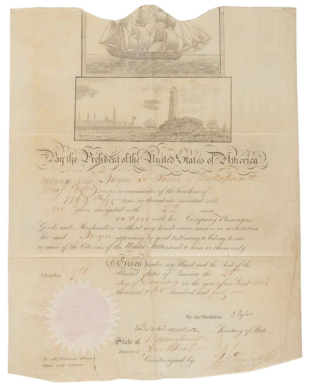 John Tyler and Daniel Webster Document Signed as President and Secretary