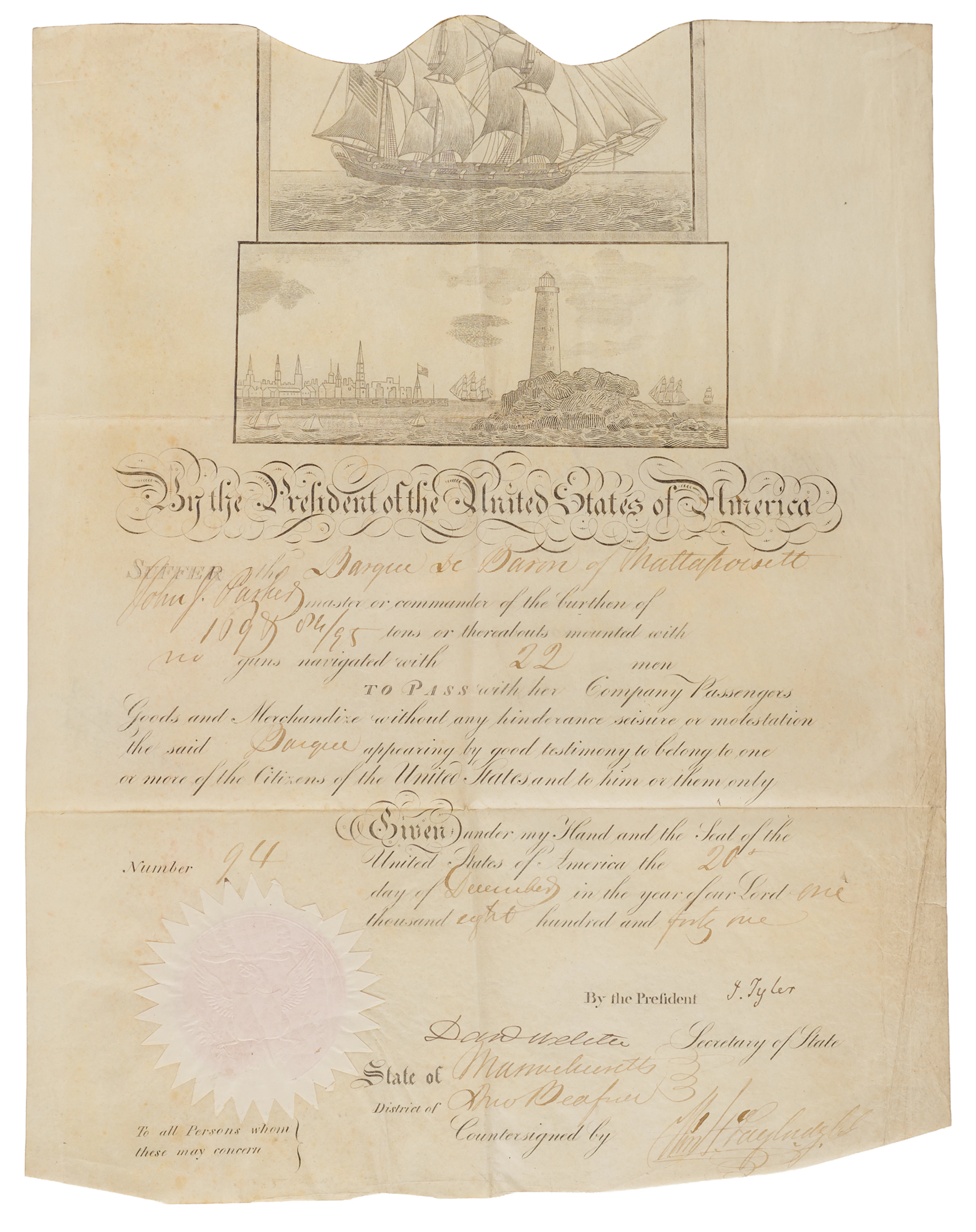 John Tyler and Daniel Webster Document Signed as President and Secretary