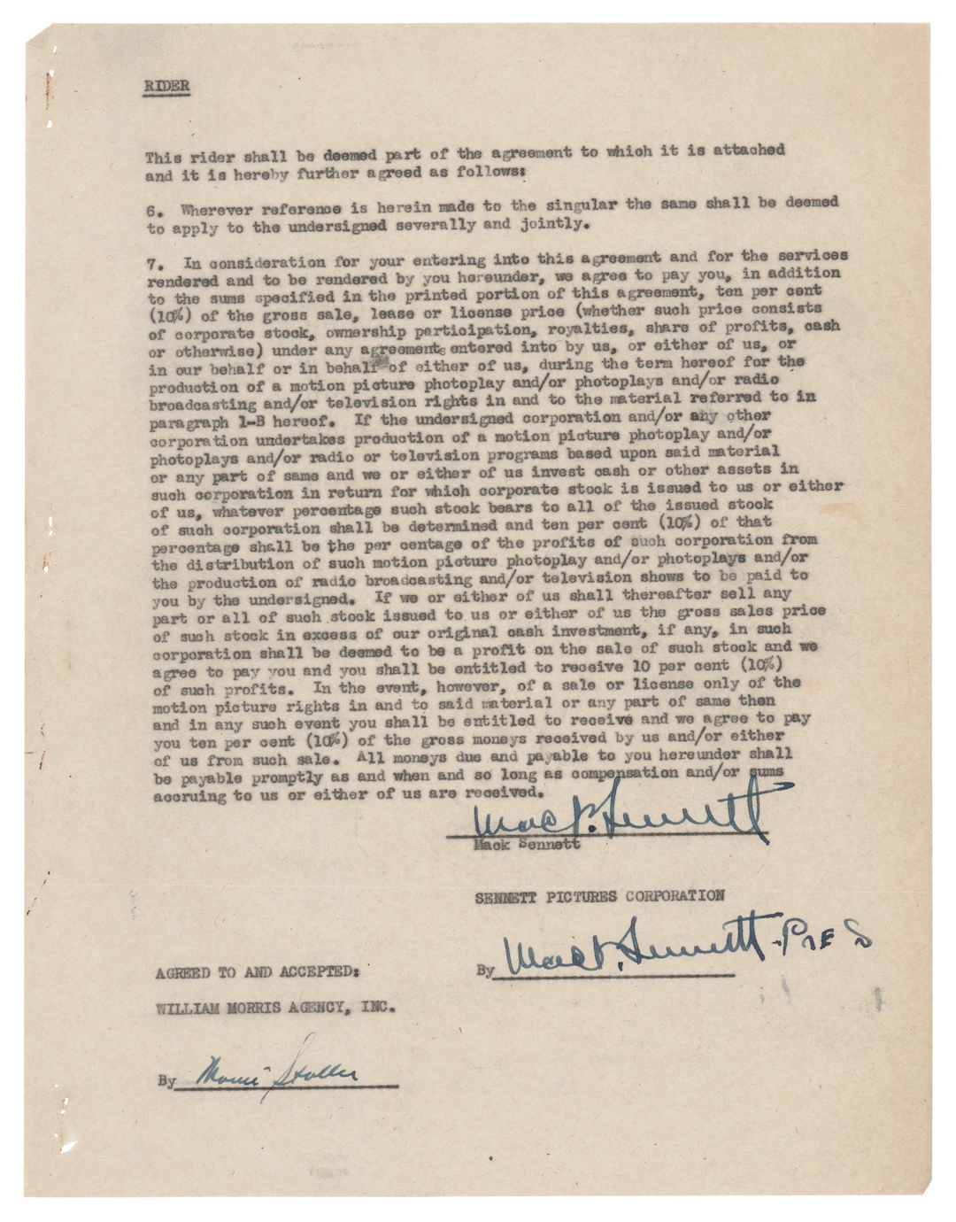 Mack Sennett Twice-Signed Document