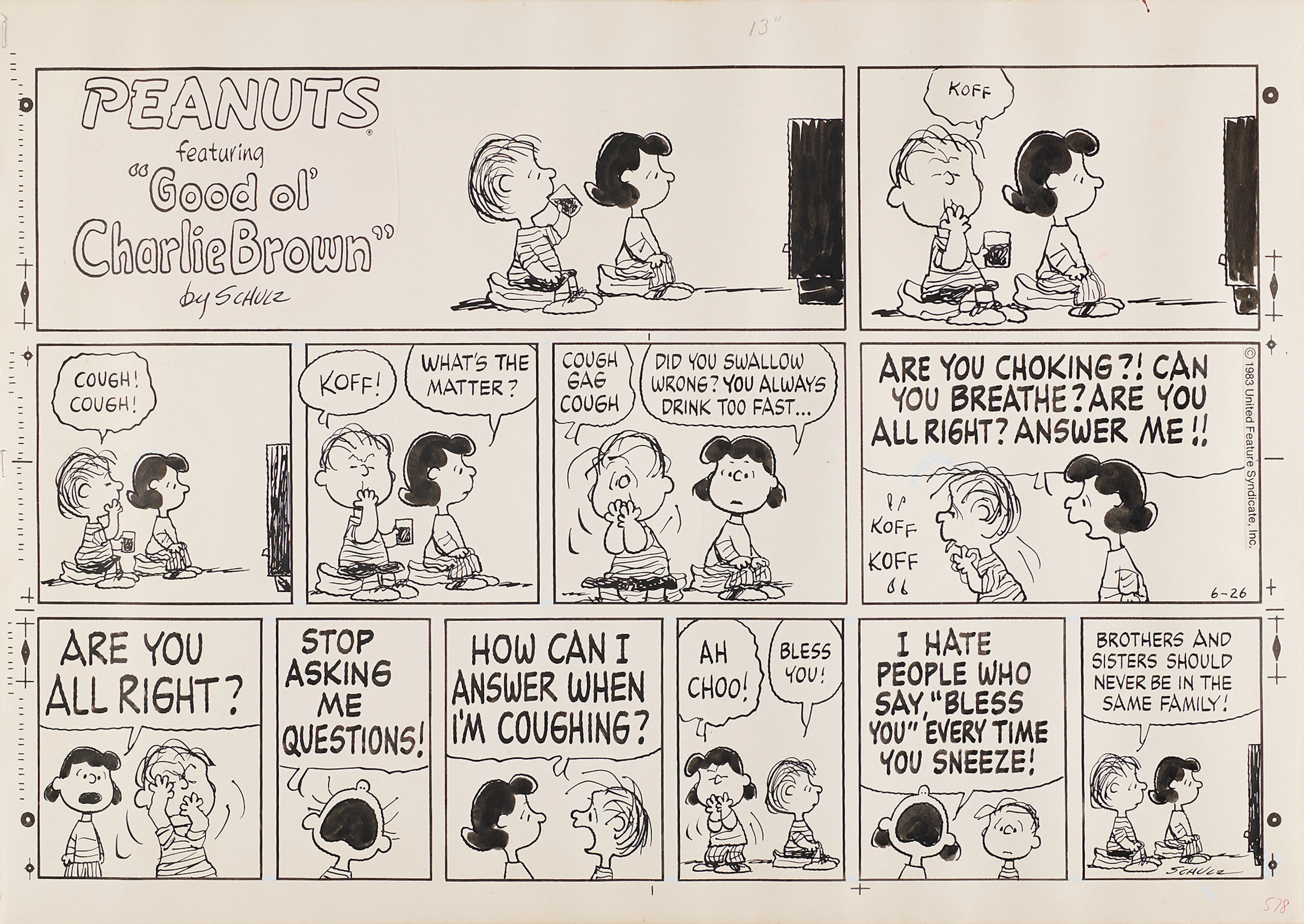 Charles Schulz Signed Original Hand-Drawn Peanuts Sunday Comic Strip